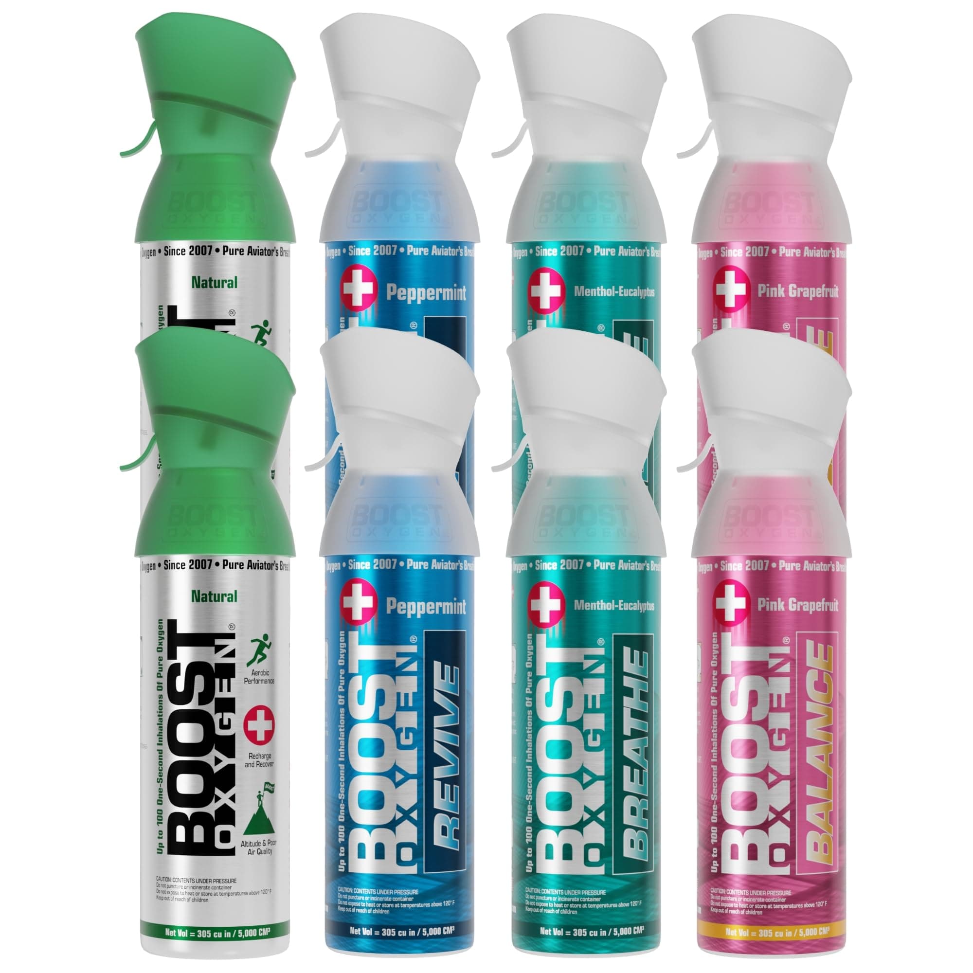 Boost Oxygen Medium Variety Collection | Natural, Peppermint, Menthol-Eucalyptus & Pink Grapefruit (8 Pack)