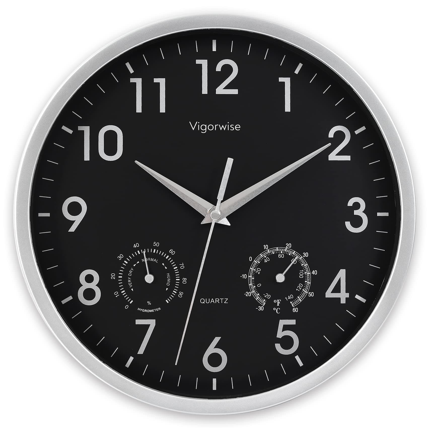 Wall Clock, Sweep Silent Movement Accurate Clocks with Temperature & Humidity, Decorative for Kitchen/Living Room/Bedroom/Office/Bathroom/Classroom (Silver, 10 inch)