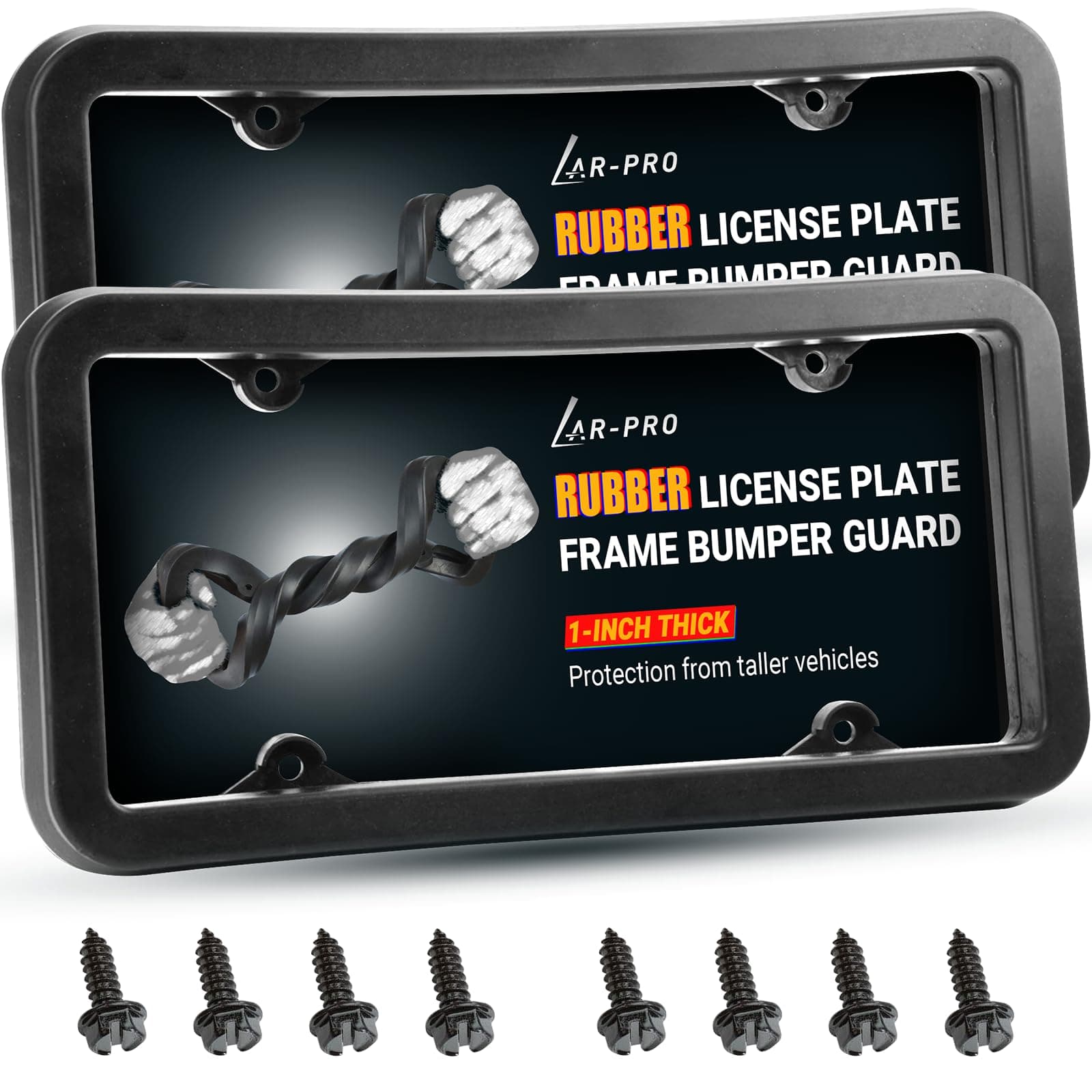 AR-PRO 2-Pack Rubber Protective License Plate Cover and Bumper Guard | Thick, Heavy Duty Rubber Prevents Scratches and Dents in Low Impact Bumps | Universal Fit for Cars, Trucks, SUVs and Vans…