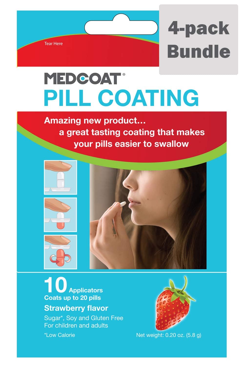 PHARMACEUTICALS MEDCOAT® Flavored Pill Coating Applicator (10 ct.) - 4-Pack Bundle - Strawberry Flavor