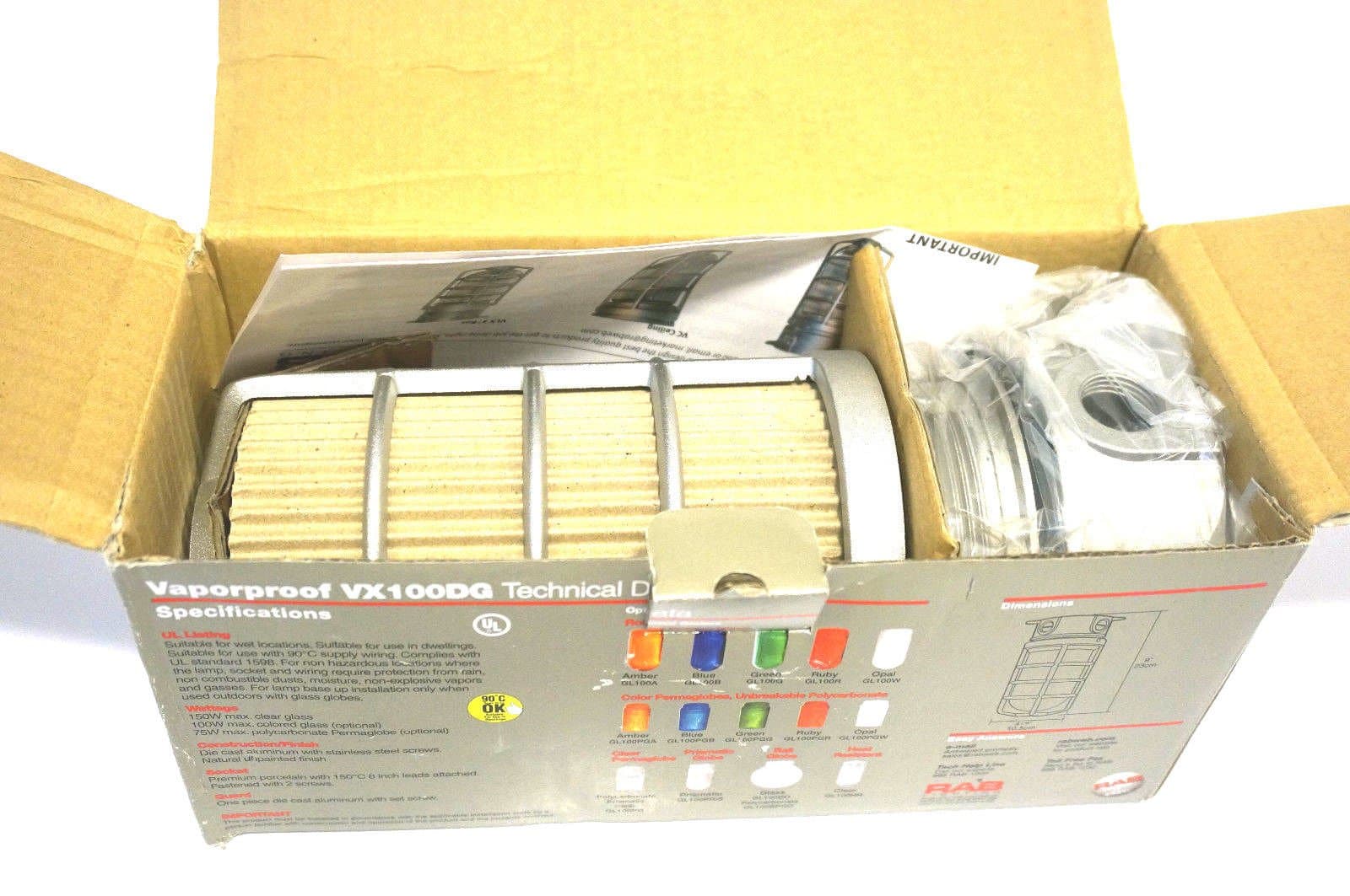 RAB LightingVX100DG Vaporproof VX 4" Ceiling Box Mount with Glass Globe and Cast Guard, A19 Type, Aluminum, 150W Power, 1/2" Hub, Natural