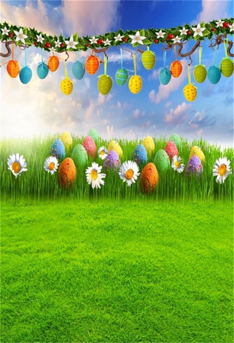 AOFOTO 3x5ft Easter Eggs Background Spring Meadow Photography Backdrop Fresh Grass Flowers Green Lawn Baby Infant Newborn Kid Artistic Portrait Photoshoot Studio Props Video Drape Wallpaper