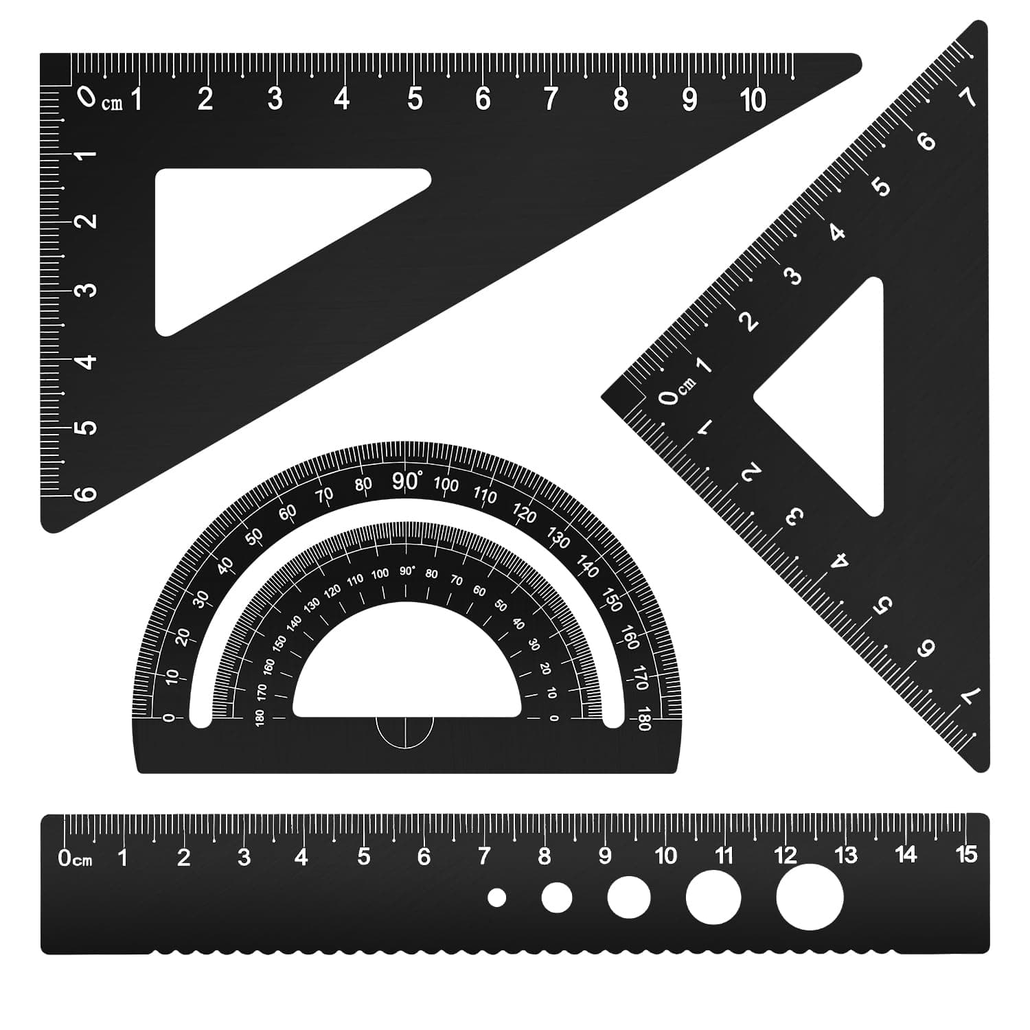 Triangular Ruler Set, 4 Pieces Aluminum Alloy Ruler, Metal Drafting Ruler, Geometric Protractor for Students, Draftsmen, Engineers, School Office Supplies (Black)