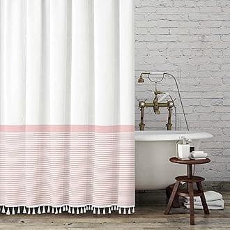 Seasonwood Shower Curtain Extra Long 96-inch XL Shower Curtain White and Pink Striped Shower Curtains in Bathroom,Farmhouse Tassel Design,Waterproof Fabric,72 x 96