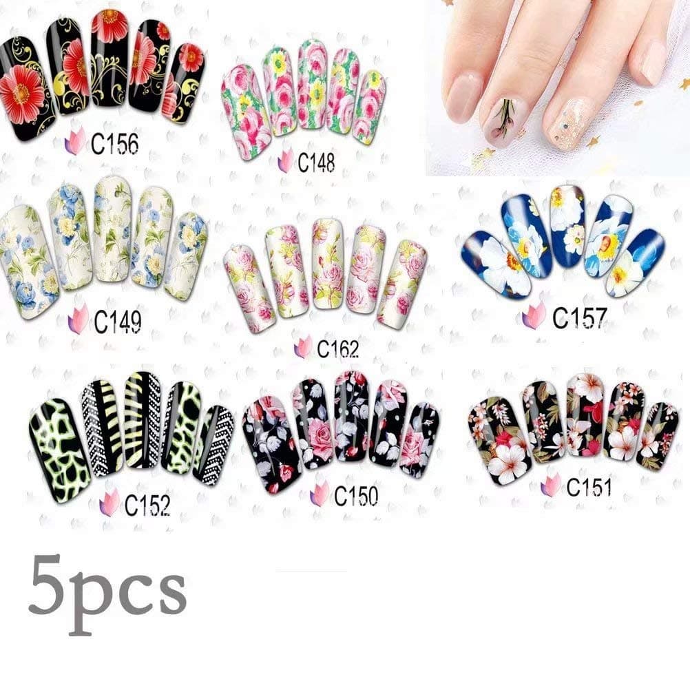 LINSUAN 5 Sheets 3D Design Self-adhesive Tip Nail Art Stickers Decals(Random Color Pattern)