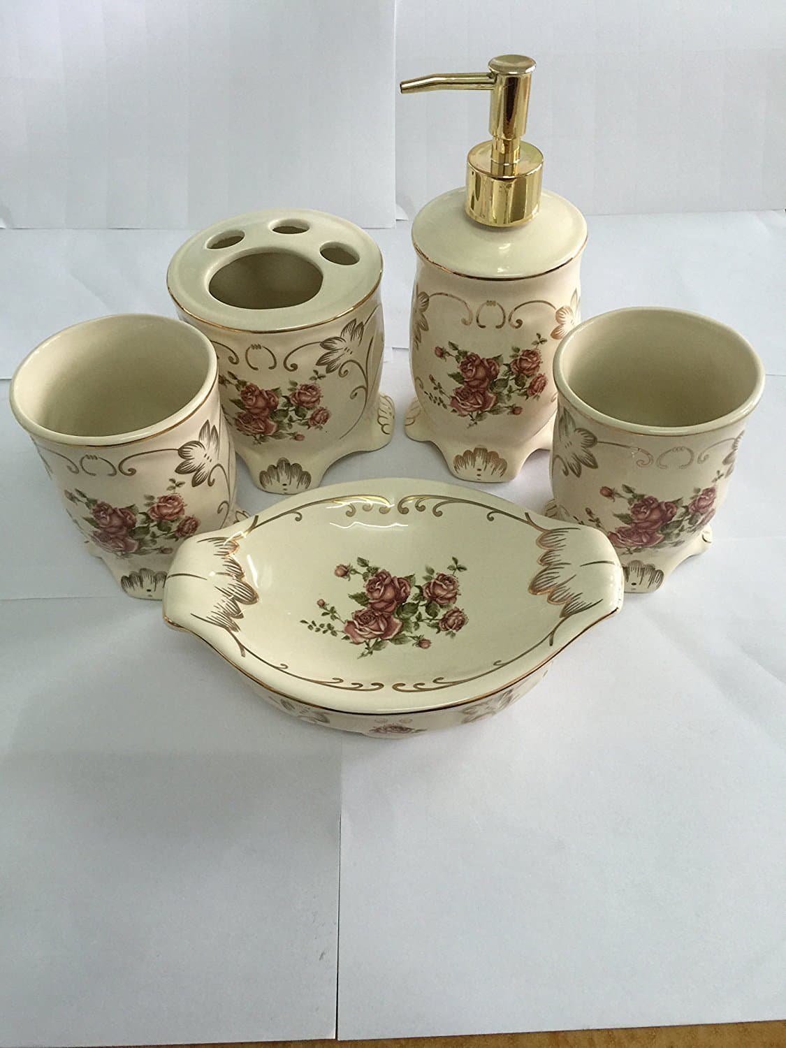 5Ceramic Bathroom Set Pink Roses(toothbrush holde)