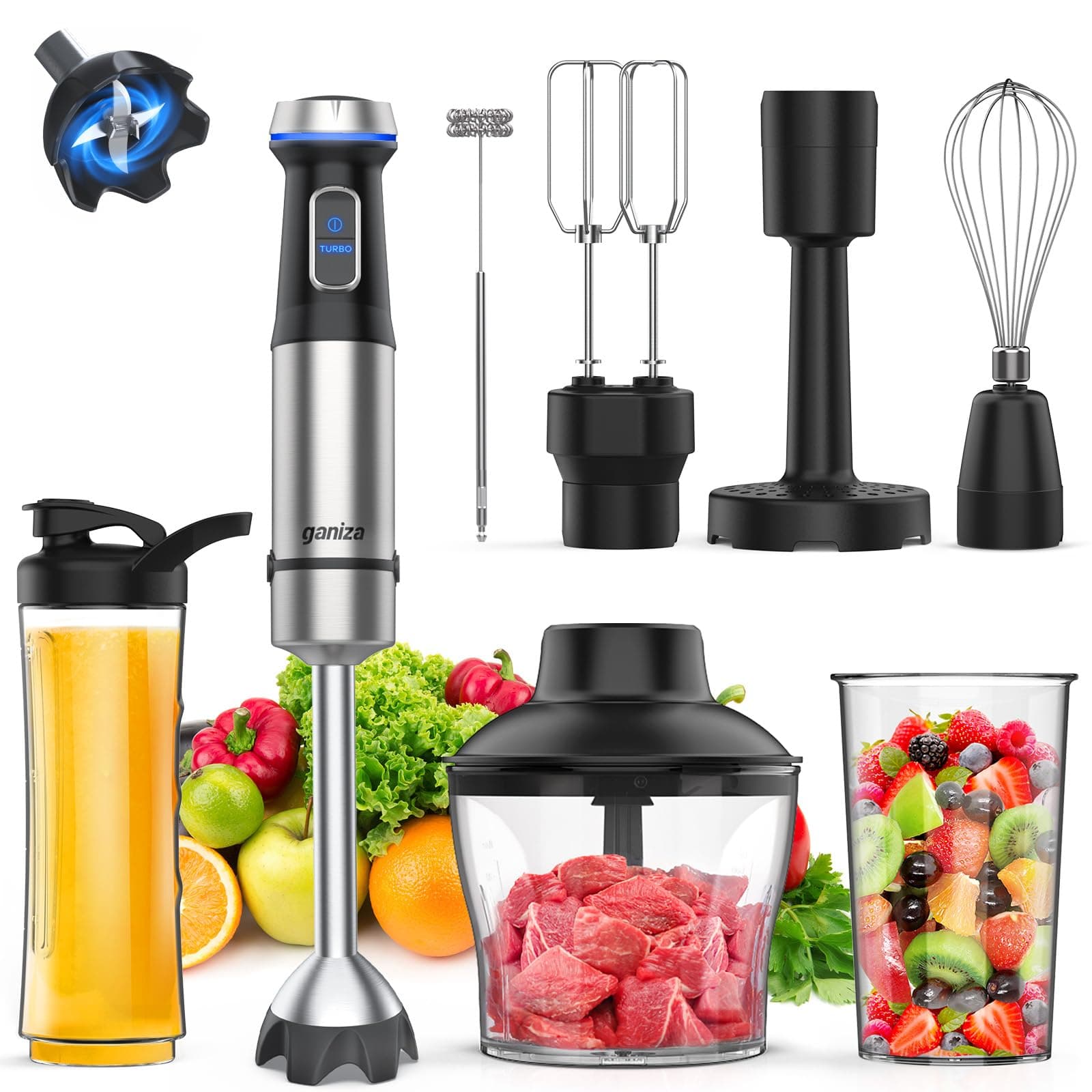 Ganiza Immersion Blender Handheld Corded 8 in 1 Hand Blender Max 1000W 16 Speed Mode Stick Emulsifier with 800ml Mixing Beaker, 600ml Chopper, Whisk, Frother, Potato Masher and Portable Bottle
