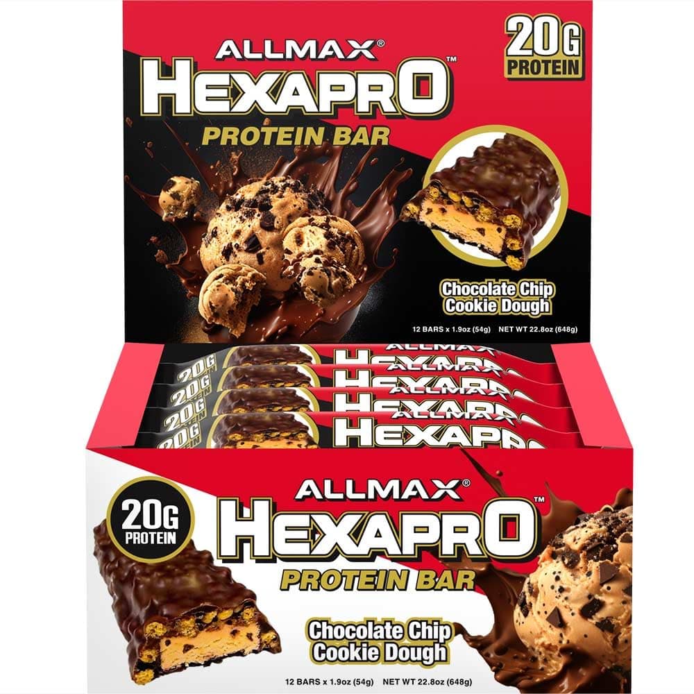 HexaPro High Protein Bar, Chocolate Chip Cookie Dough, Pack of 12 – 20g Protein per Bar, Low Sugar, High Protein Snack, Supports Muscle Recovery, Lean Muscle & Post Workout for Men & Women