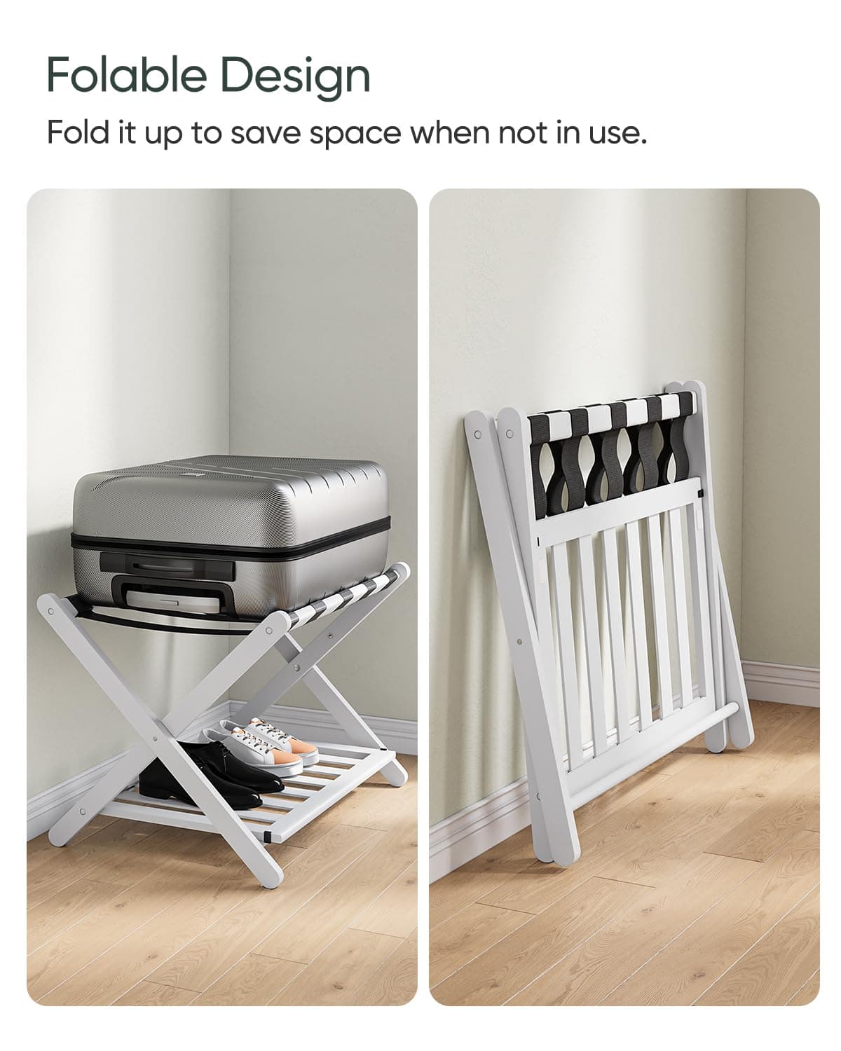 Fully Assembled White Bamboo Luggage Rack, 5 Straps Folding Suitcase Stand with Shoe Shelf, Heavy Duty Wood Large Luggage Holders for Guest Room, Bedroom, Hotel