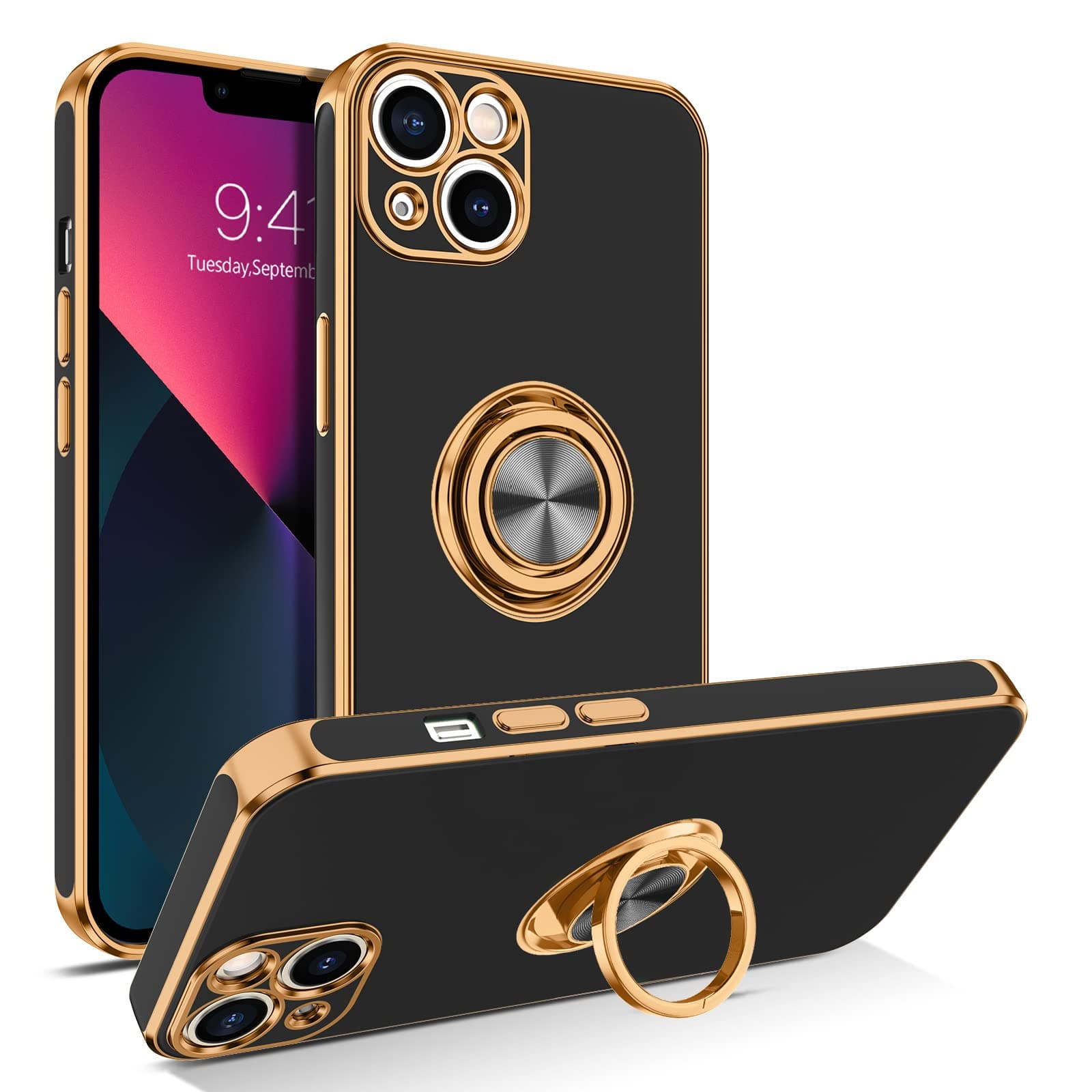 BENTOBEN for iPhone 13 Case, Phone Case iPhone 13, Slim Fit 360° Ring Holder Shockproof Kickstand Magnetic Car Mount Supported Non-Slip Protective Women Girls Men Cover for iPhone 13 6.1 Inch,Black