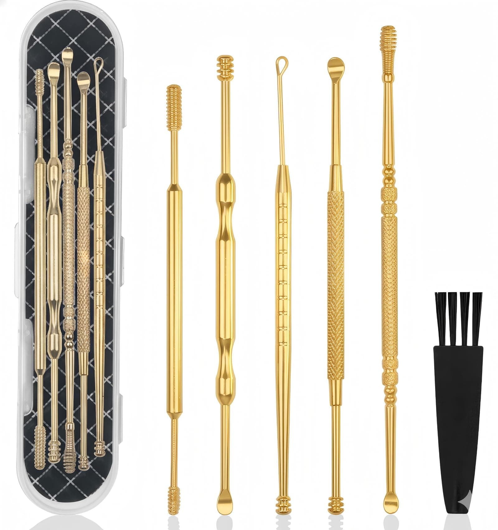 6 Pcs Extended Ear Wax Removal Kit,Professional Double-Headed Ear Pick Earwax Removal Tools,316L Stainless Steel Ear Cleaner Curette with Cleaning Brush and Storage Box,Suit for Kid Adult(Gold)