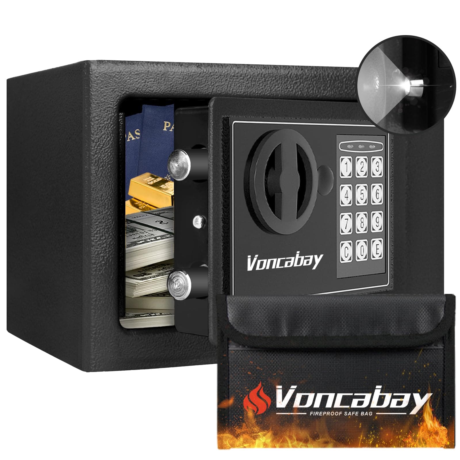 Money Safe Box for Home with Sensor Light & Fireproof Money Bag - 0.23 Cubic Feet Security Safe Box with Digital Keypad, Keys & Pass Code Lock, 9.05" W x 6.69" D x 6.69" H, Black
