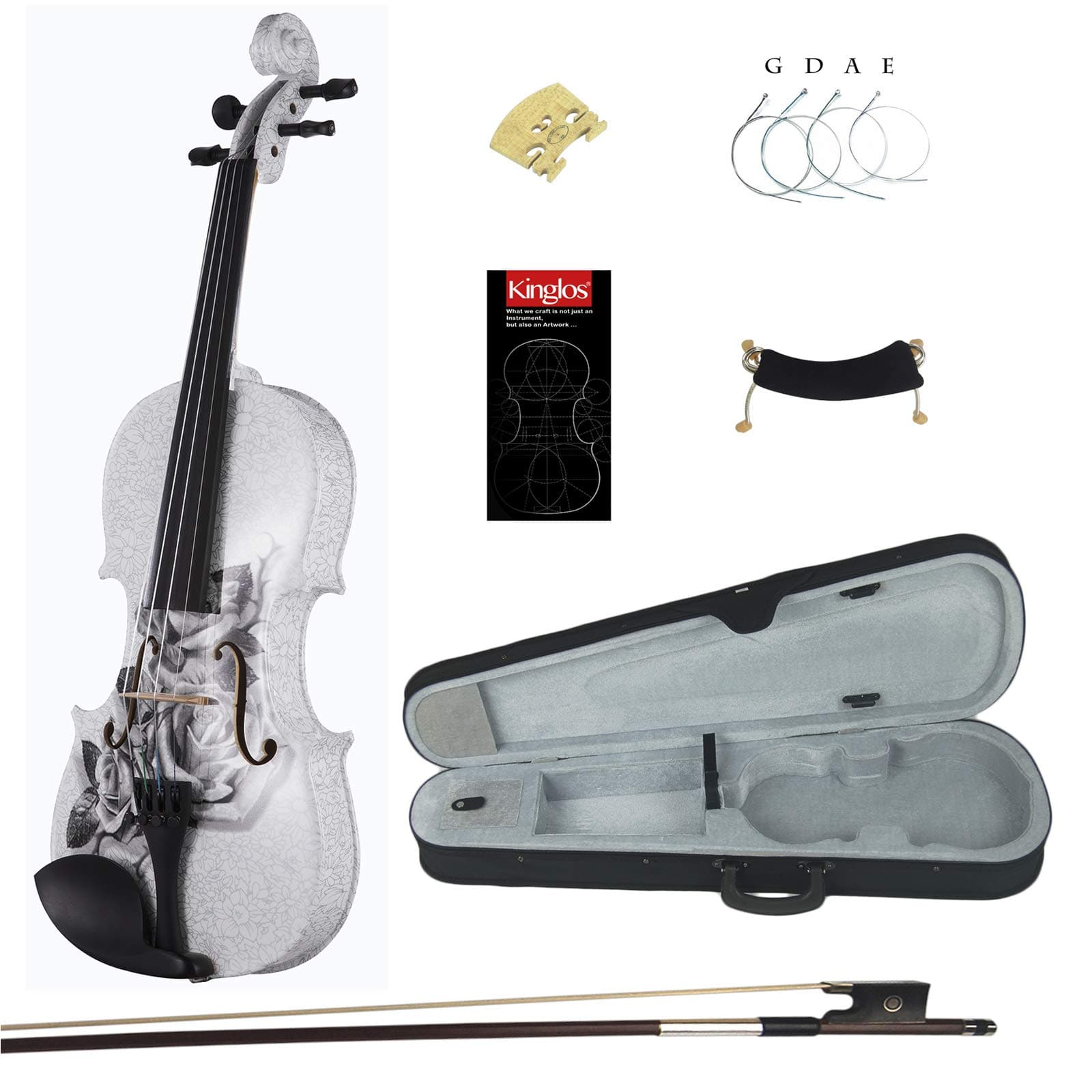 Kinglos4/4 Gray Rose Colored Ebony Fitted Solid Wood Violin Kit with Case, Shoulder Rest, Bow, Manual, Extra Bridge and Strings Full Size (NHS3003)