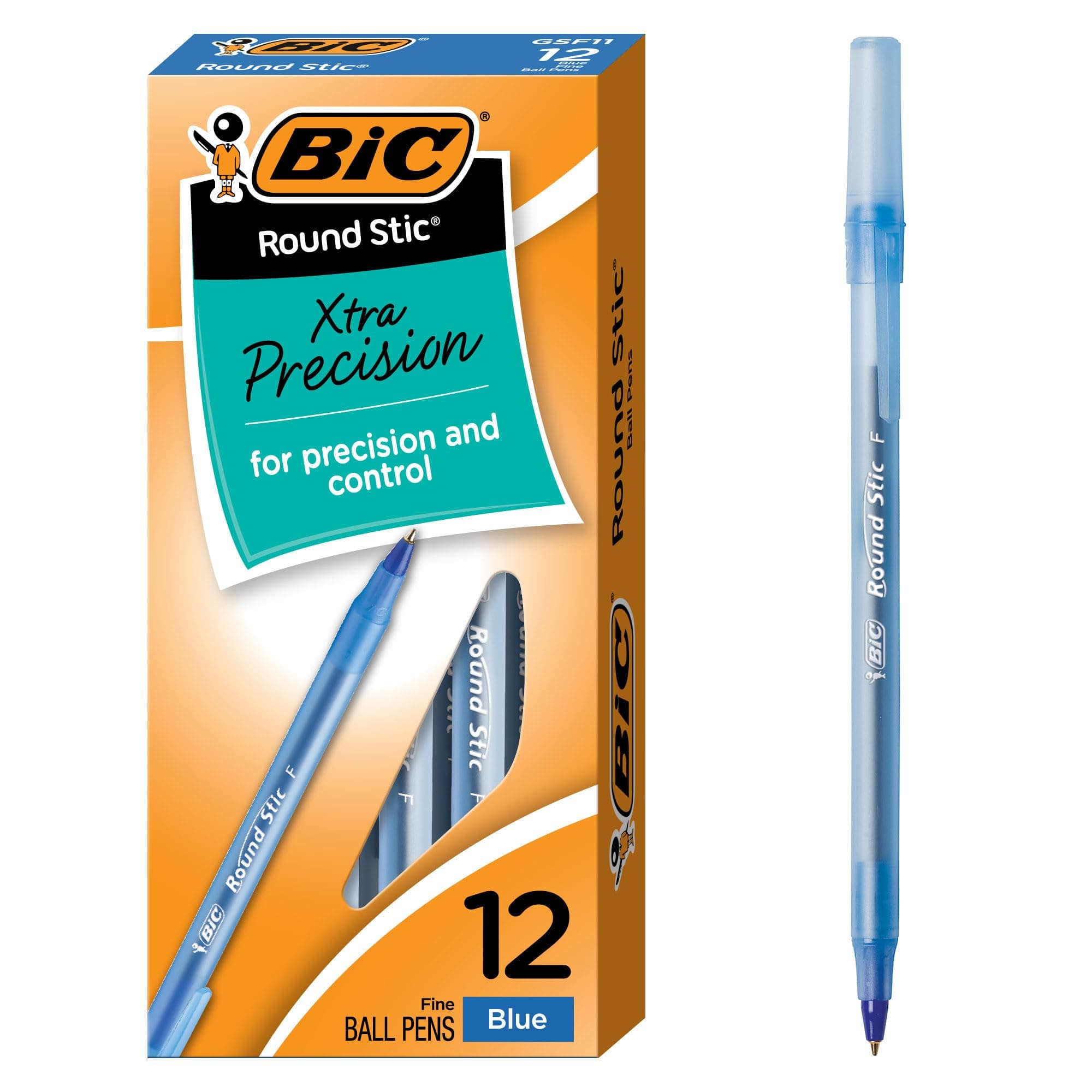 Round Stic Xtra Precision Fine Blue Ballpoint Pens, Medium Point (0.8 mm), 12-Count Pack, Excellent Writing Pens