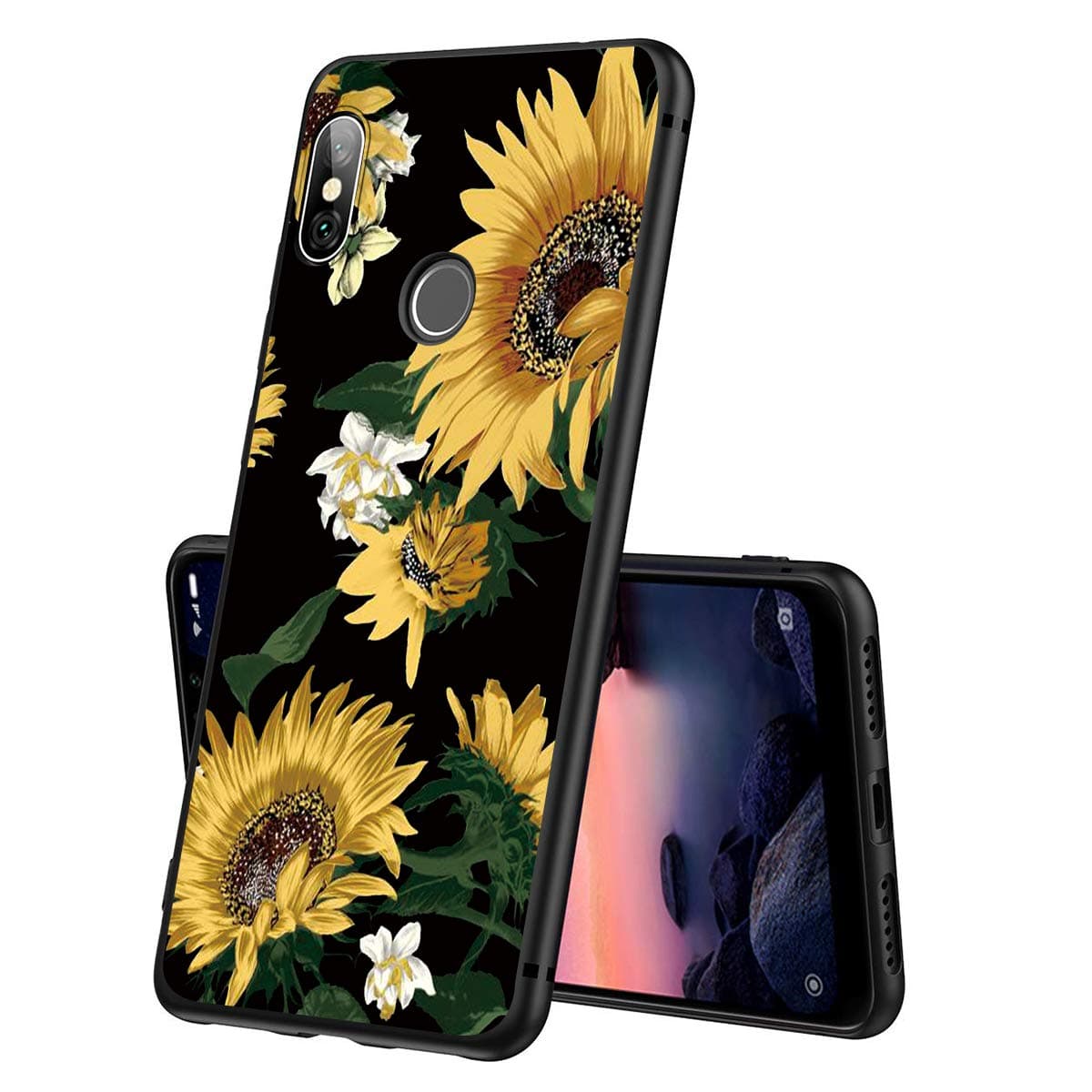 Yoedge Case for Xiaomi Redmi Note 6 Pro, Black Phone Case with Pattern [Ultra Slim] Shockproof Flexible Soft Gel TPU Silicone Back Cover Bumper Skin for Xiaomi Redmi Note 6 Pro (Sunflower)