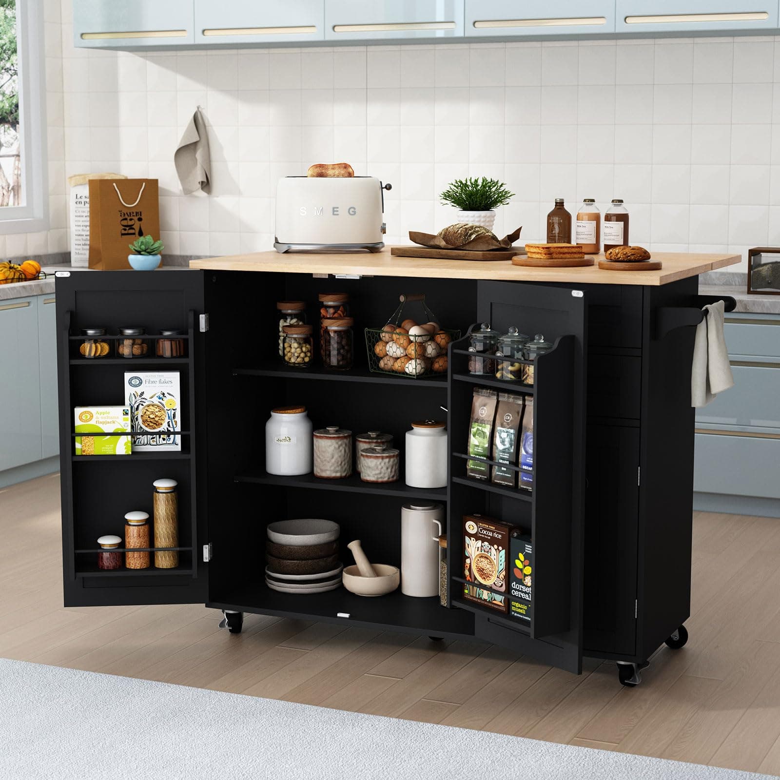 HLR Kitchen Island with Storage, Black Rolling Kitchen Island on Wheels with Drop-Leaf Bar Countertop, Island Table for Kitchen with Side Open Spice Rack and Tower Rack, Extra Storage for Kitchen