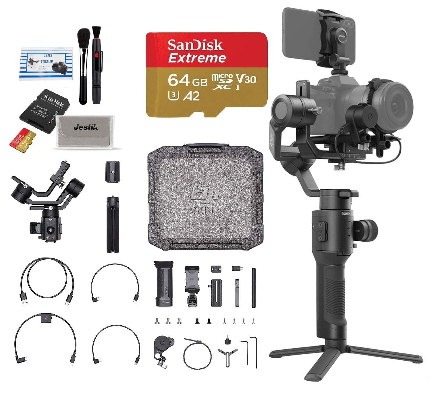DJI 2019 Ronin-SC Pro Combo 3-Axis Gimbal Stabilizer for Mirrorless Cameras, Comes with 64GB Micro SD, Lens Cleaning Kit, Plus Jestik Microfiber Cloth - Value Bundle