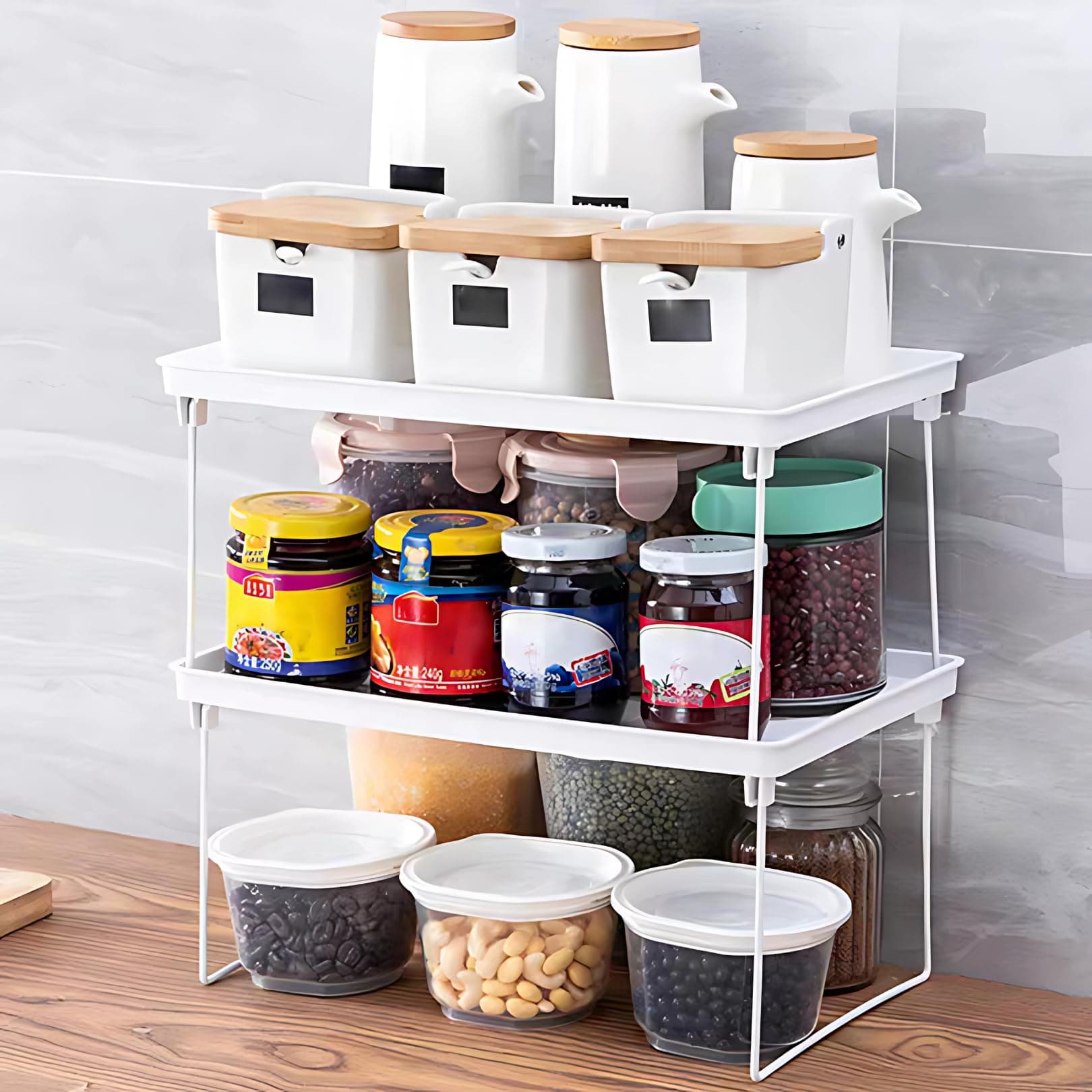 Satpurush Plastic Kitchen Organizer Rack - Premium Storage Racks for Utensils With Durable Stand (White, Pack of 2, Free Standing Shelves)