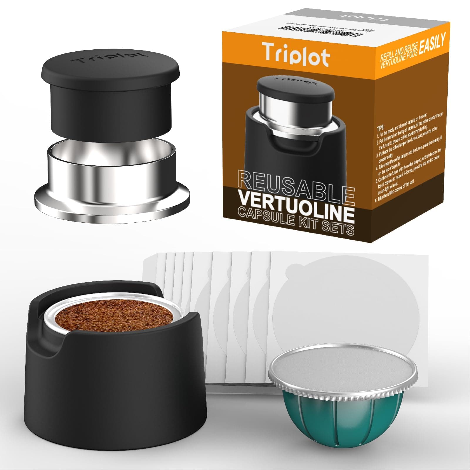 Triplot Reusable Vertuo Capsules Kit, 100pcs 63mm Aluminum Foil Seal Lids, Silicone Seat, Coffee Tamer, Stainless Steel Funnel for Refilling Nespresso Vertuo Pods (Pods Not Included) - 1 Count