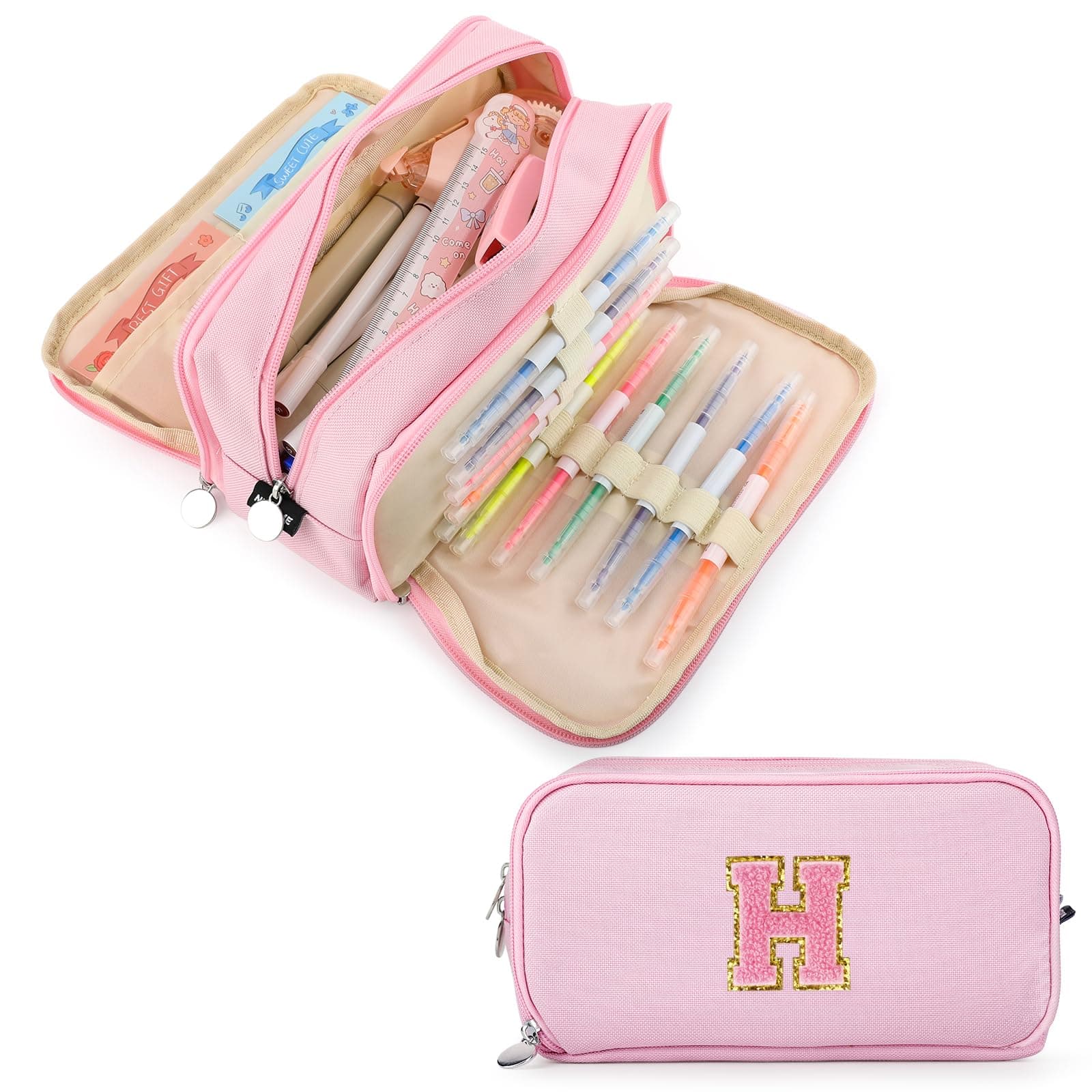 Extra Large Capacity Pencil Case 3 Compartment Initial Pencil Pouch Personalized Cute Aesthetic Stationery Pen Case Bag for School Teen Girl Boy Men Women Gift (H, Pink)