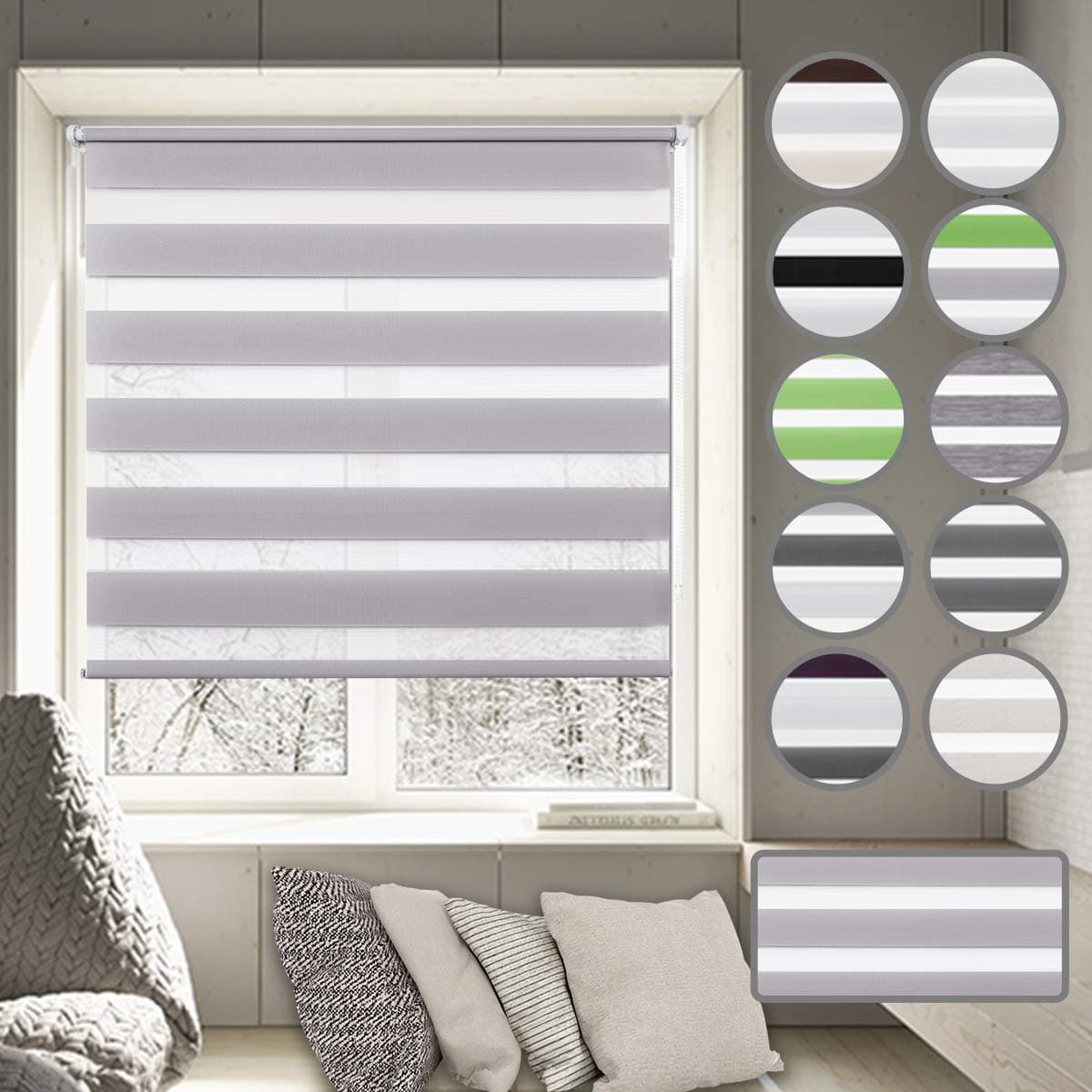 Day and Night Roller Blinds - 70 x 150 cm Grey Zebra Roller blinds Translucent or Blackout Curtains Easy Fix with Accessories for Windows and Doors