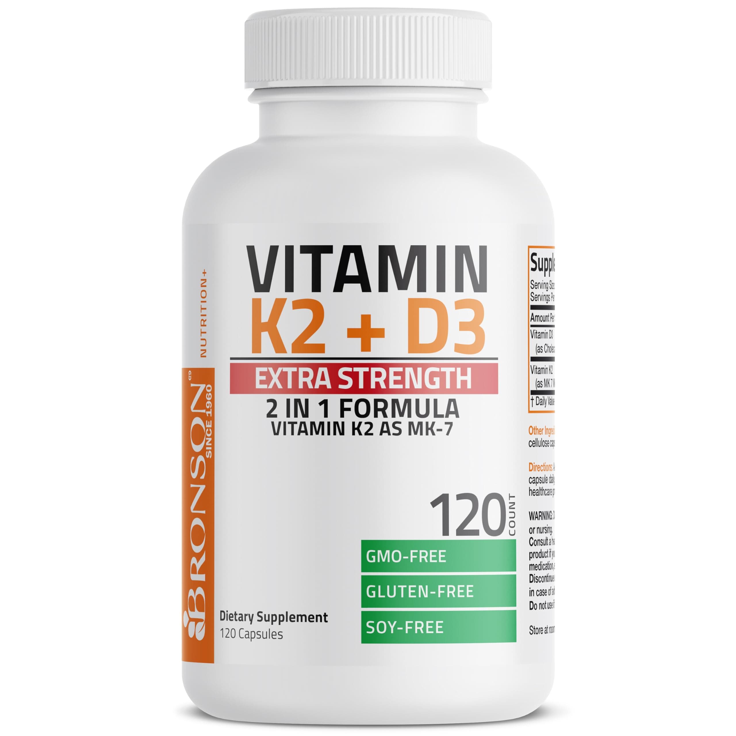 Bronson Vitamin K2 (MK7) with D3 Extra Strength Supplement Bone and Heart Health Non-GMO Formula 10,000 IU Vitamin D3 & 120 mcg Vitamin K2 MK-7 Easy to Swallow Vitamin D & K, 120 Capsules