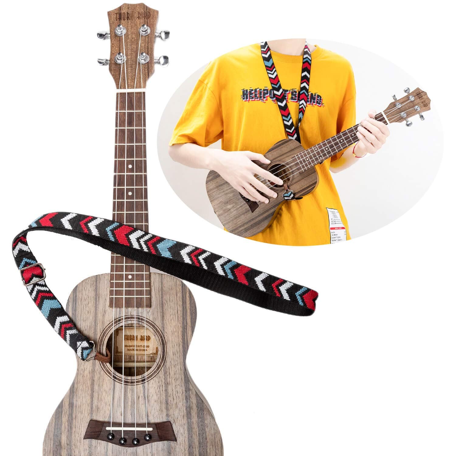 Ukulele Strap hanging neck no Drilling, Red Ukulele Strap and Blue Ukulele Strap made from nylon bohemian, Cute Uke Strap, Standard ukulele playing length for men/girls/kid. (Red arrow)