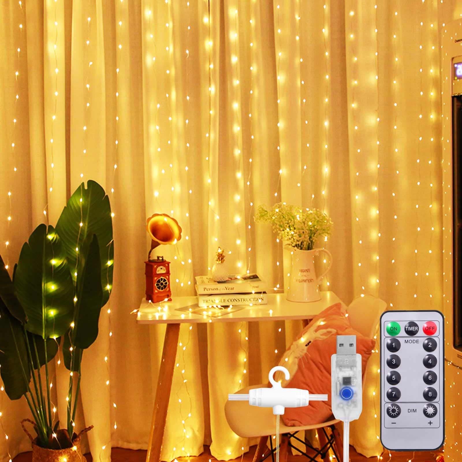 SUNNEST Curtain String Light Christmas 300 LED 8 Lighting Modes Fairy Lights Remote Control USB Powered Waterproof Lights - One solid color - Warm White