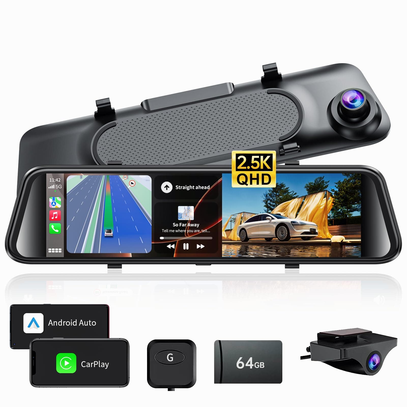 JOMISE 2.5K Mirror Dash Cam Carplay Mirror & Android Auto, 12" Rear View Mirror Backup Camera with Voice Control/BT Call/64GB Card Included- K17 Pro