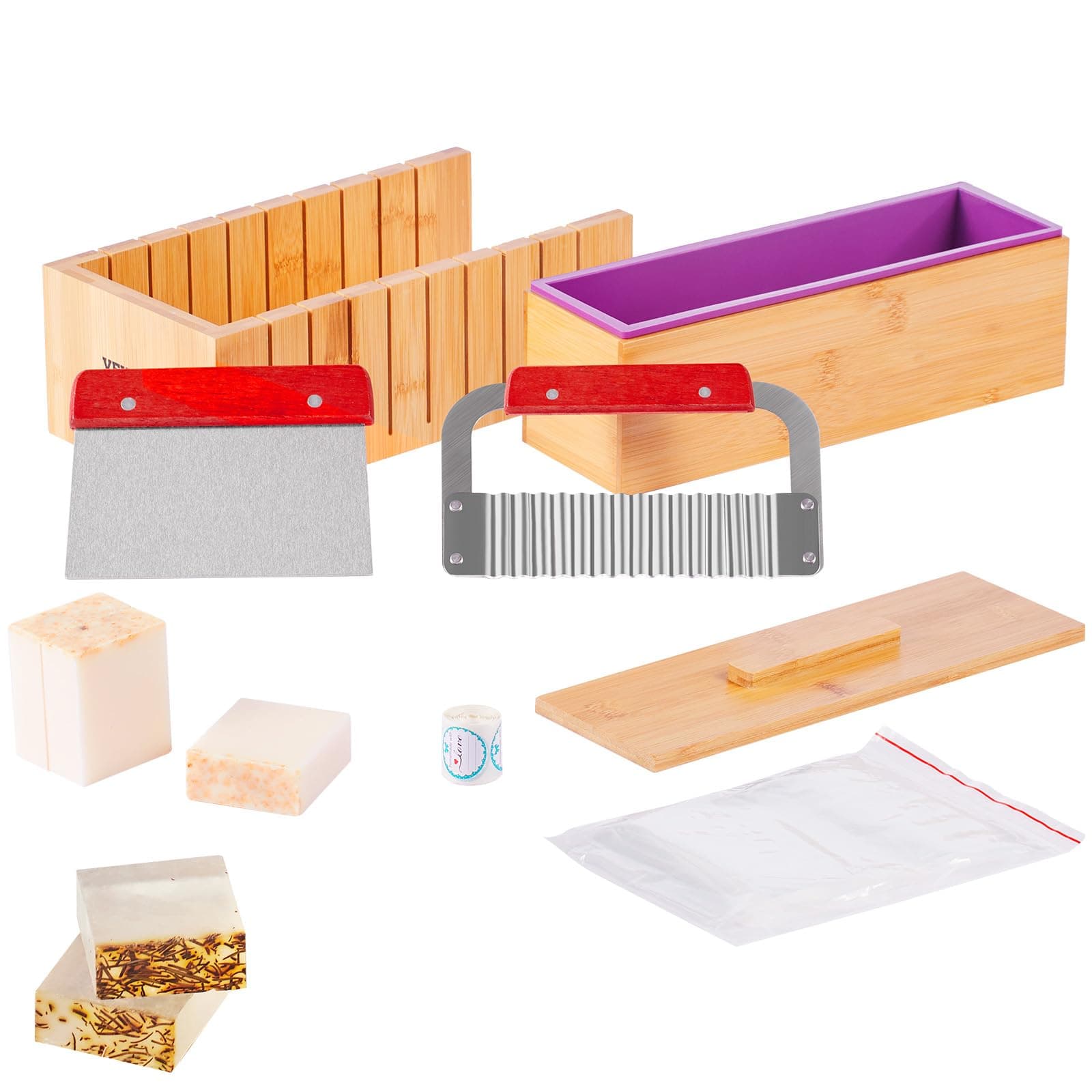 VEVOR Soap Making Kit, Bamboo Cutting Box and Inner Box with Silicone Mold, Stainless Steel Straight Cutter and Wavy Cutter, 100 Bags and 105 Stickers, Soap Making Supplies DIY Kits for Adults