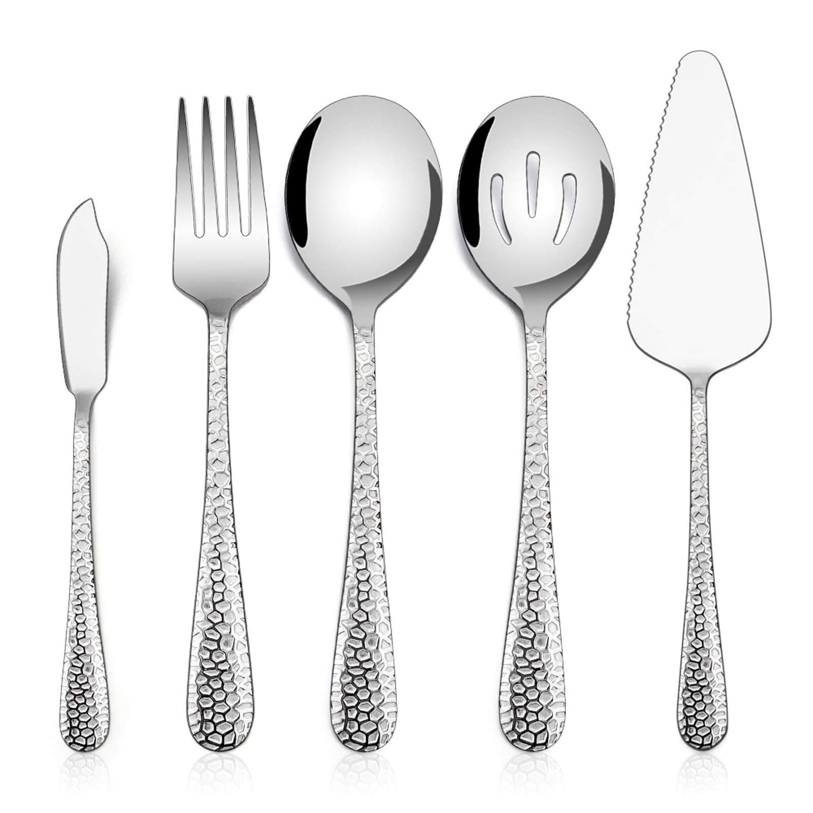 E-far Hammered Serving Utensils, 5-Piece Stainless Steel Hostess Serving Set for Buffet Party Kitchen Restaurant, Mirror Finished & Dishwasher Safe