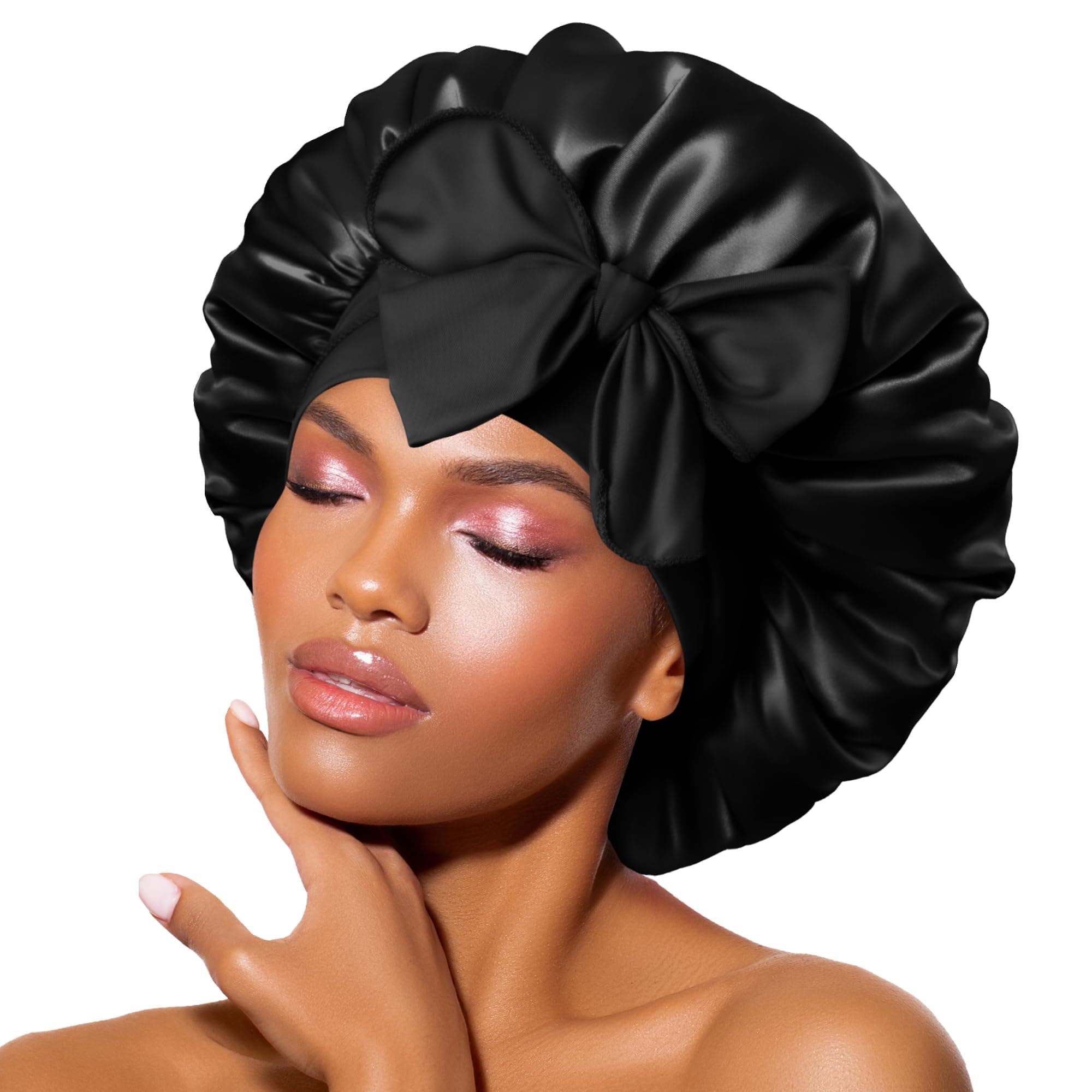 BONNET QUEEN Satin Bonnet Cool Breathable Single Layer Silk Bonnet for Sleeping Women Hair Cap Night Sleep Cap Scarf Wrap for Curly Hair with Tie Band, Black