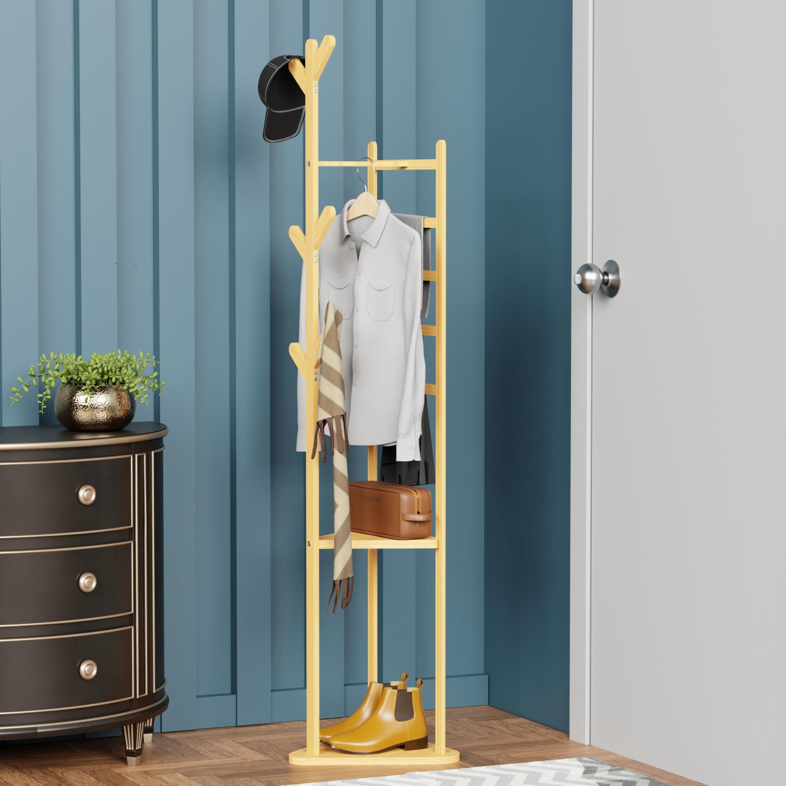 Lukzer Triangular Coat Rack | Multifunctional Bamboo Wooden Coat & Garment Stand with 2 Shelves | Aesthetic Floor Corner Hanger | 6 Hooks for Hanging Coats, Jackets, Hats & Shoes (39x39x166 cm) CH-035