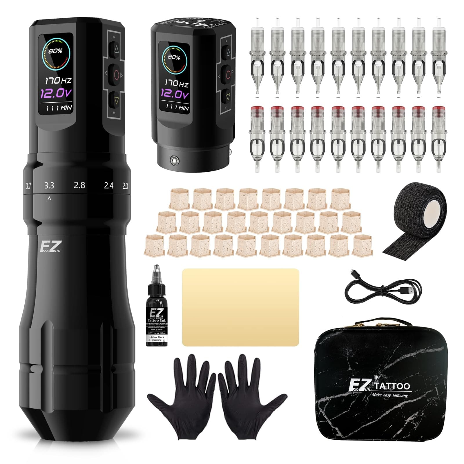 EZ Tattoo Kit - Tattoo Machine Kit Complete with 6 Strokes 2mm-4.2mm Wireless Tattoo Machine Pen with 1600mAh Battery Power Supply for Tattoo Beginners and Tattoo Artists (P3 Pro Gloss Black)