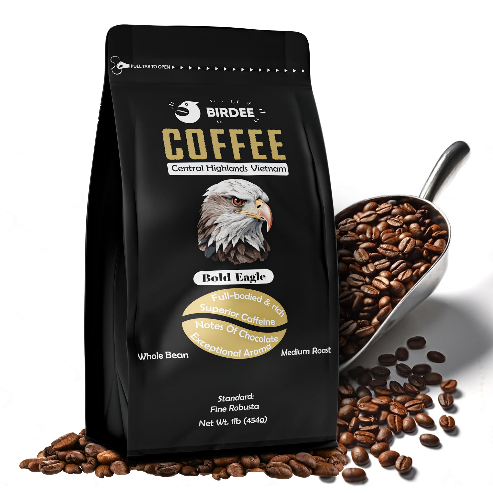 Birdee Robusta Coffee Beans - 16 oz, Medium Roast, Intense Bold Flavor, Hand Picked, Whole Bean for Fresh Grind, Vietnam Origin, Ideal for Espresso & Phin Filter, Meets Fine Robusta Standard