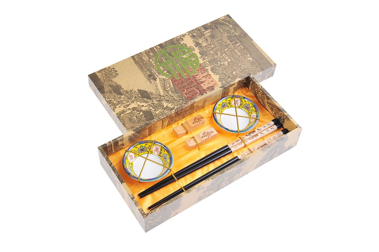 Chopsticks Set Longevity with ceramic bowls in a decorative box, includes 2 carved-wood chopsticks, 2 rests, 2 ceramic bowls, Mod. CBS-S2-G-H06