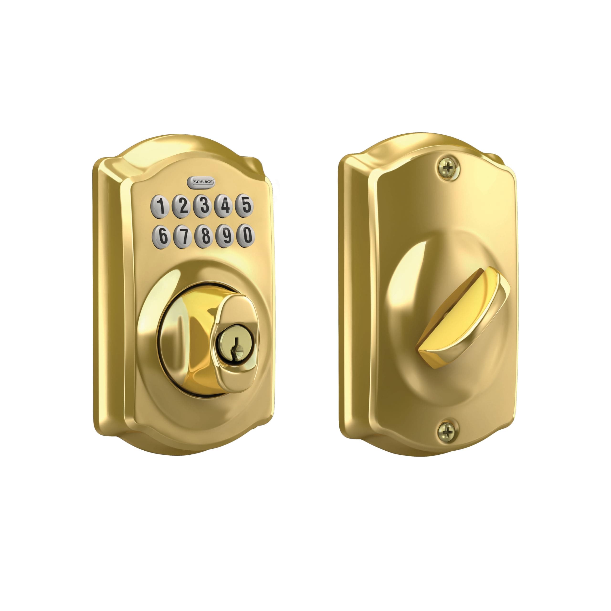 Schlage Camelot Electronic Keypad Deadbolt Lock, Keyless Front Door Entry, Mechanical Key Backup Included, Bright Brass, BE365 CAM 505