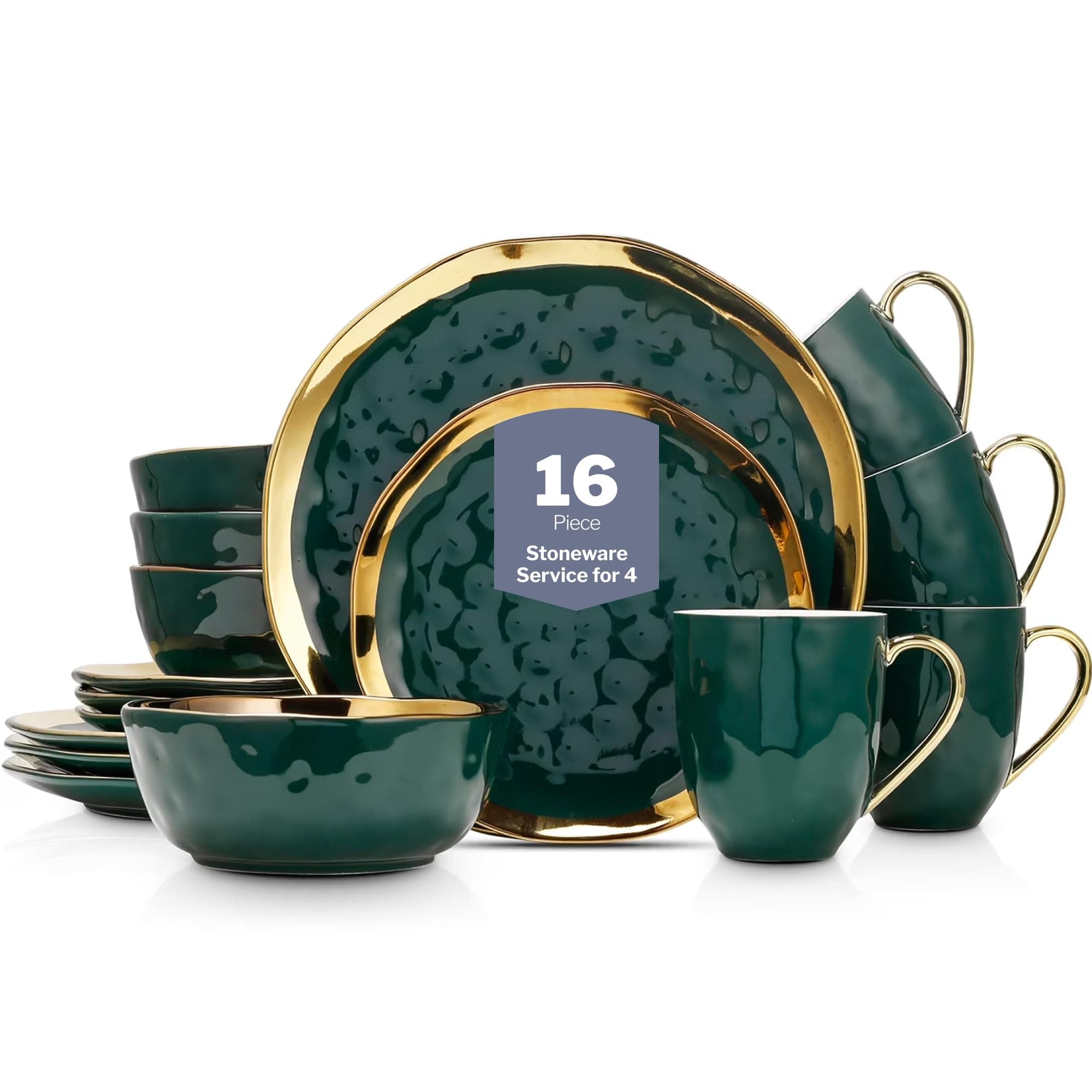 Stone Lain Porcelain 16 Piece Dinnerware Set, Service for 4, Green and Golden Rim