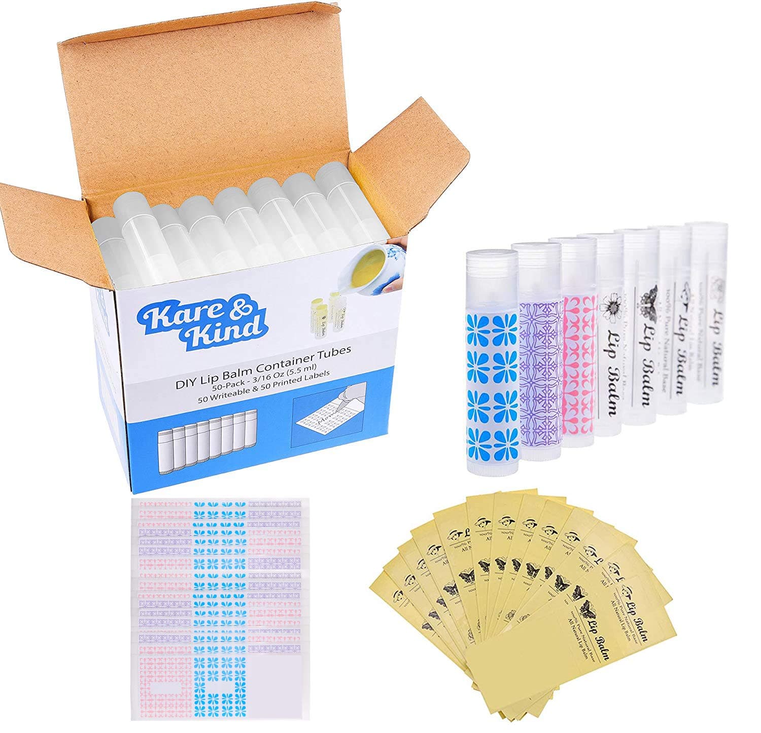 Lip Balm Container Tubes - DIY - 3/16 Oz (5.5 ml) - Including 50 Writeable & 50 Printed Stickers - Twist Mechanism and a Cap - Empty - Make Natural Lip Balm