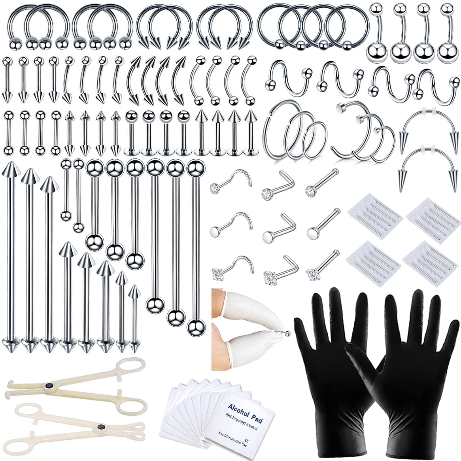 120PCS Body Piercing Kit Nose Stud Piercing Kits for All Body Piercings Stainless Steel Jewelry with 12G 14G 16G Piercing Needles for Ear Cartilage Tragus Nose Septum Lip Nipple Belly Button