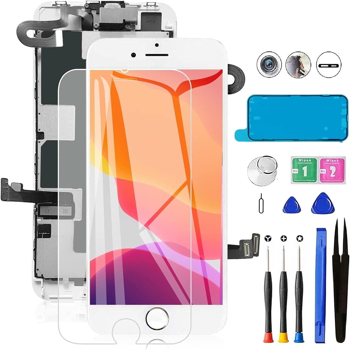 for iPhone 8 Screen Replacement 4.7" Full Assembly LCD Display Digitizer with Front Camera+Ear Speaker+Sensors+Waterproof Seal+Repair Tools+ Tempered Film for A1863, A1905, A1906 [White]