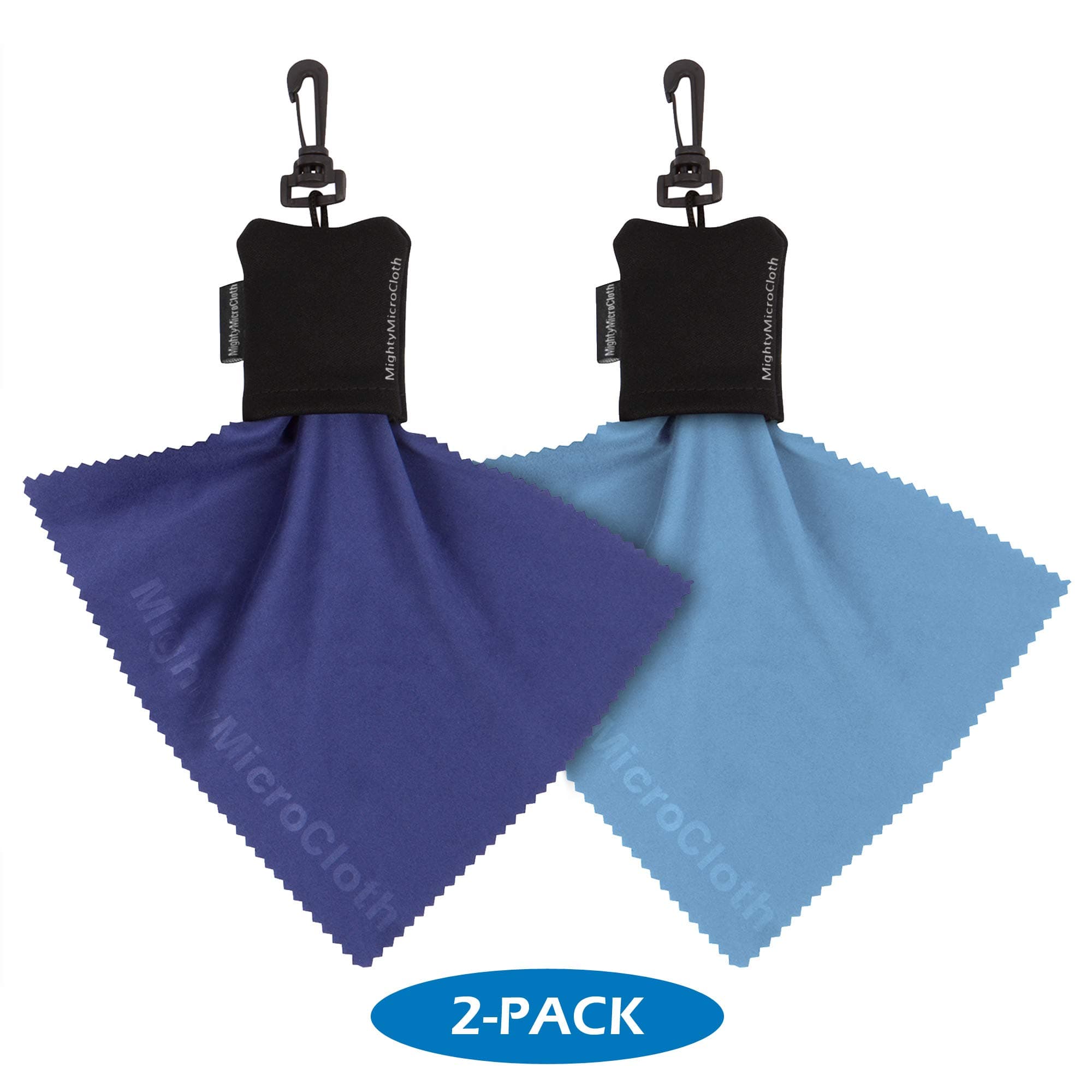 Microfiber Eyeglass Cleaning Cloth (2-Pack) in Black Pouch with Clip – Lens Cleaner for Eyeglasses, Lenses, Screens, Cameras & Electronics - 6” x 7” Blue Cloths