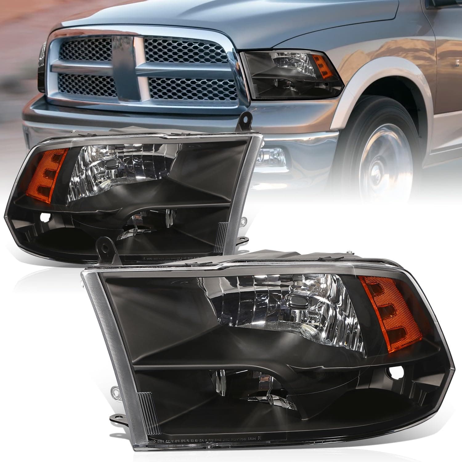 Auto Dynasty Quad Headlights Assembly Compatible with 2009-2010 Dodge Ram 1500-3500 New Body, 2011-2018 Ram 1500-5500, Halogen Headlamps Replacement, Left and Right Side, Black Housing Amber Corner