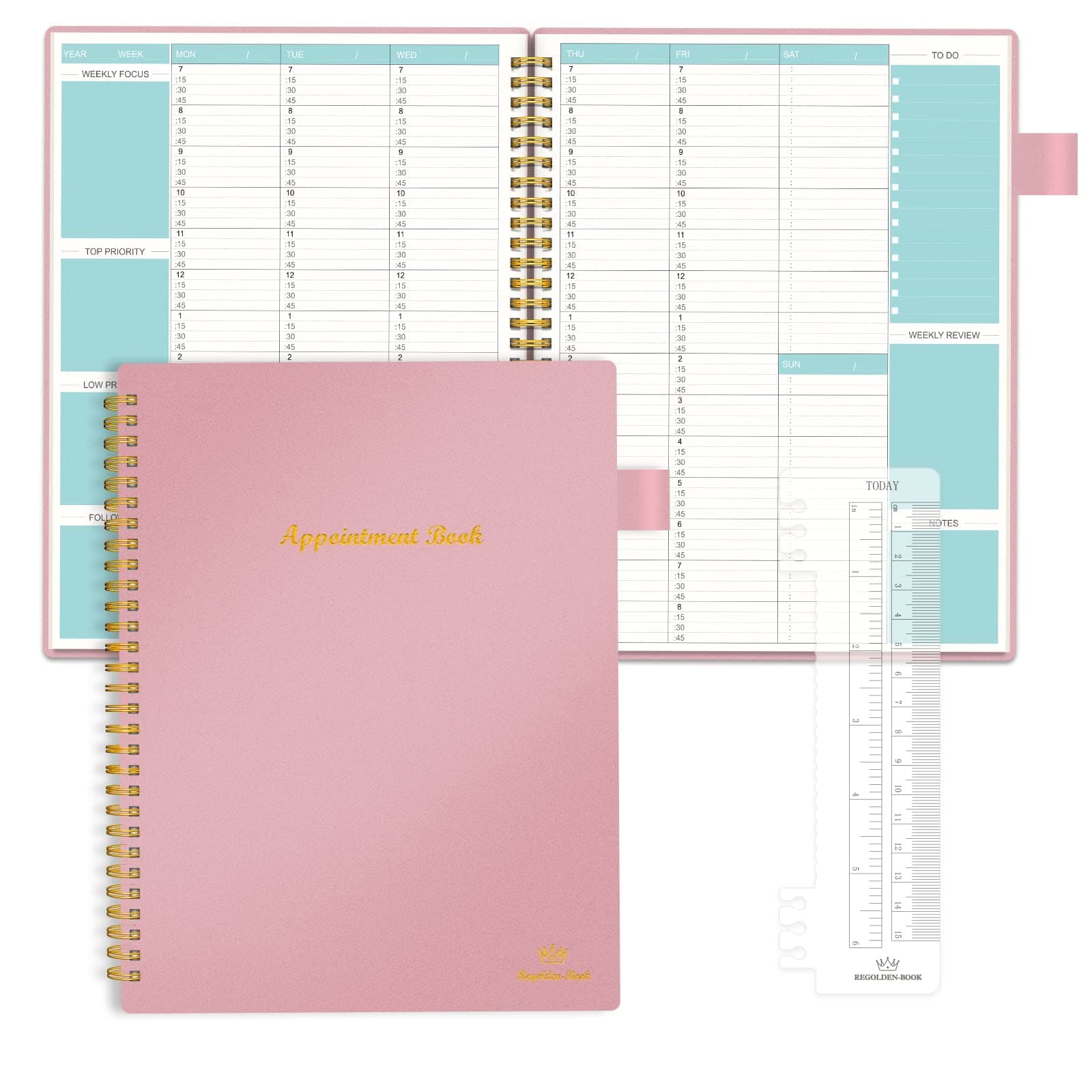 Appointment Planner Book Undated Hourly Schedule with 15-Minute Increments Appointment Notebook Weekly/Daily Templates Flexible Cover Spiral Binding Notebook Pen Loop 53 Weeks(7.8x10”)