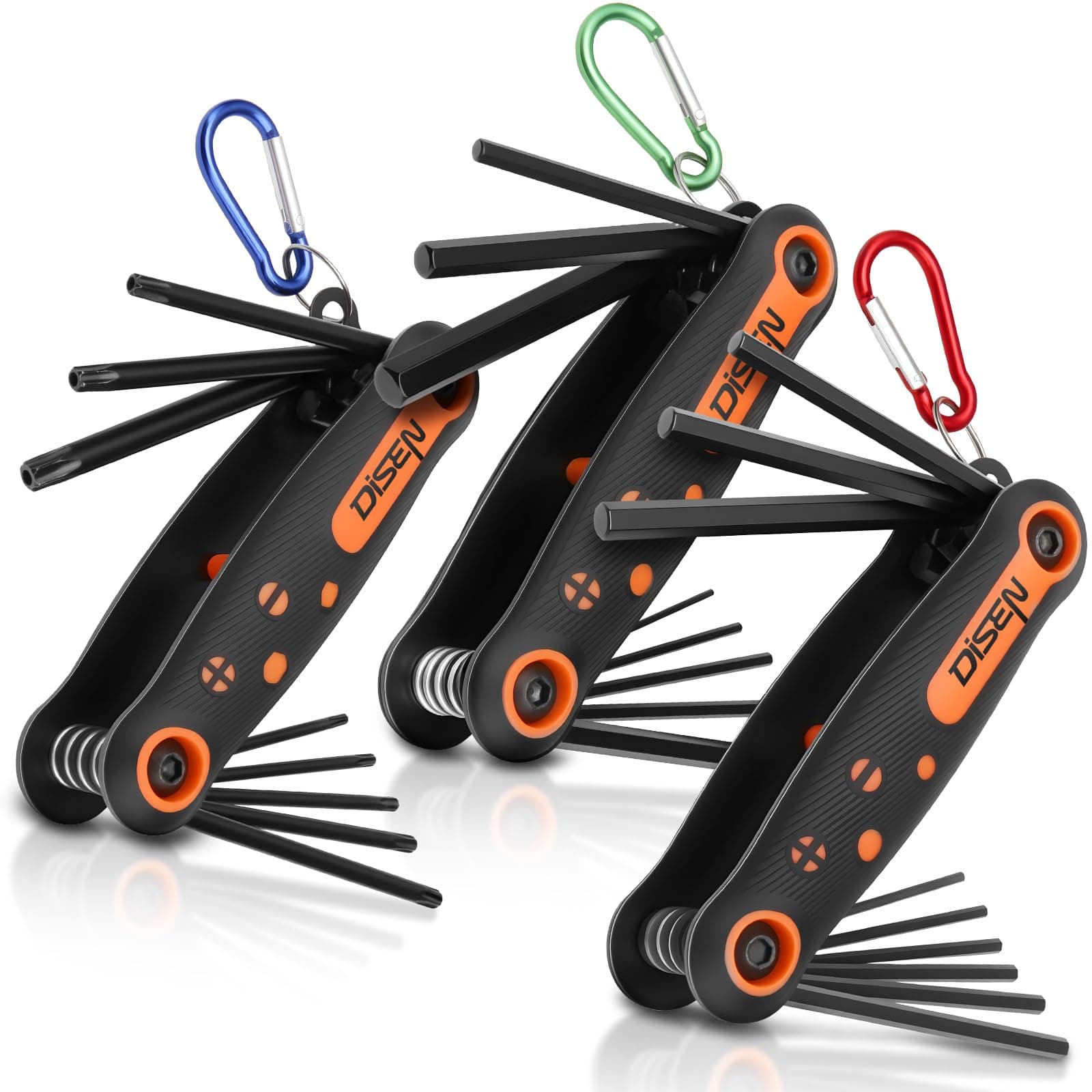 DISEN 25 Pieces Folding Allen Key Set, 3-Pack SAE & Metric Hex Key Set Torx Star Key Set, Portable with Keyhook, Heat Treated Chrome Vanadium Steel Allen Wrenches Set