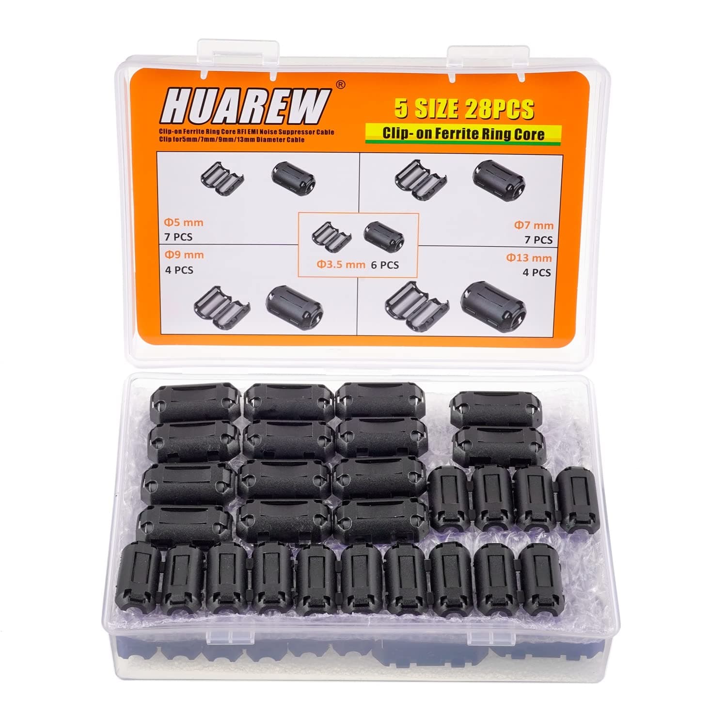 Black Clip-on Ferrite Ring Core Ferrite Choke RFI EMI Noise Suppressor Cable Clip for 3.5mm 5mm 7mm 9mm 13mm Diameter Cable(5 Values 28 Pcs）