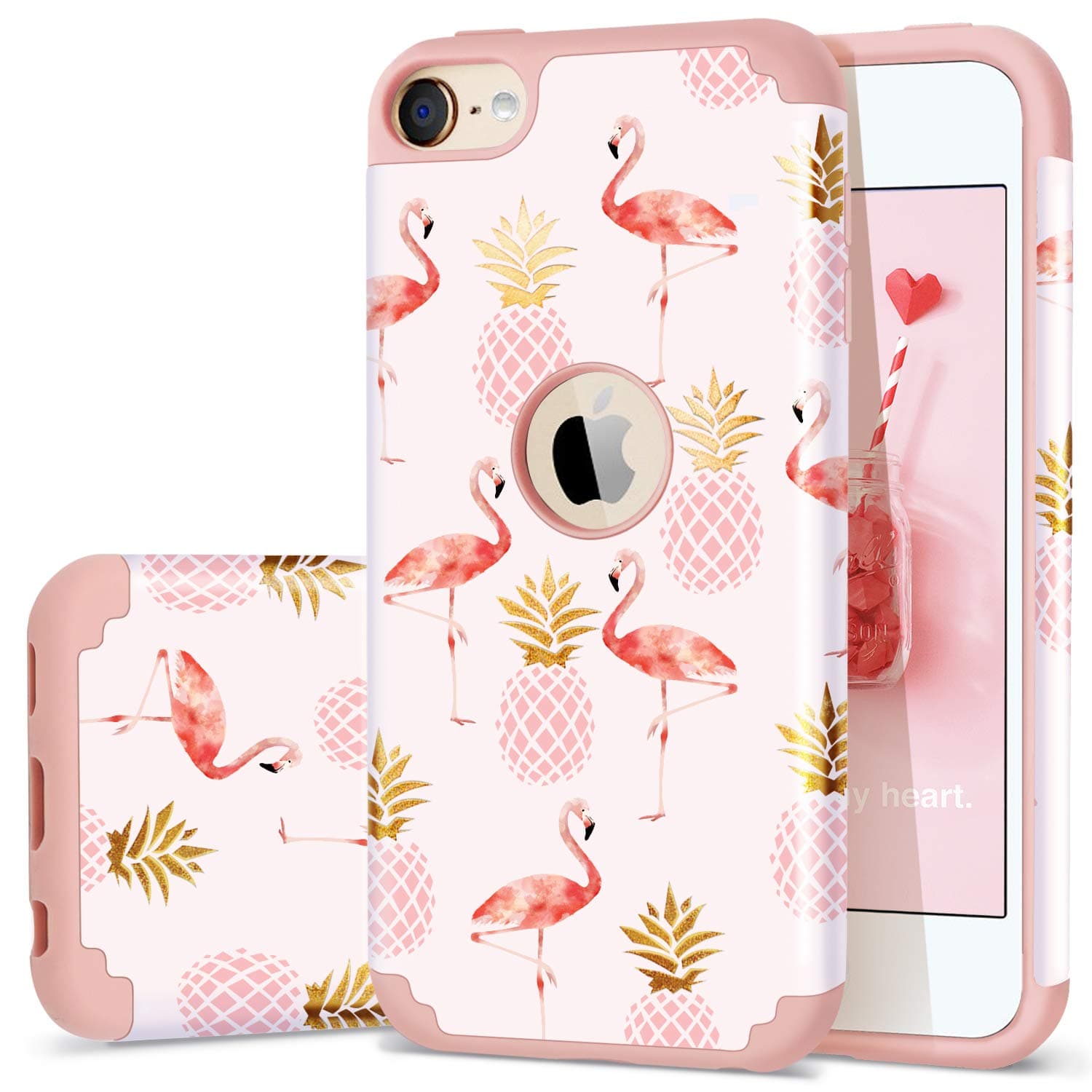 Fingic for iPod Touch 7 Case,iPod Touch 6 Case Pineapple Flamingo Cute Design Shiny Glitter Bumper Hybrid Hard PC Soft Rubber Silicone Anti-Scratch Shockproof Protective Case for Apple iPod 7/6/ 5