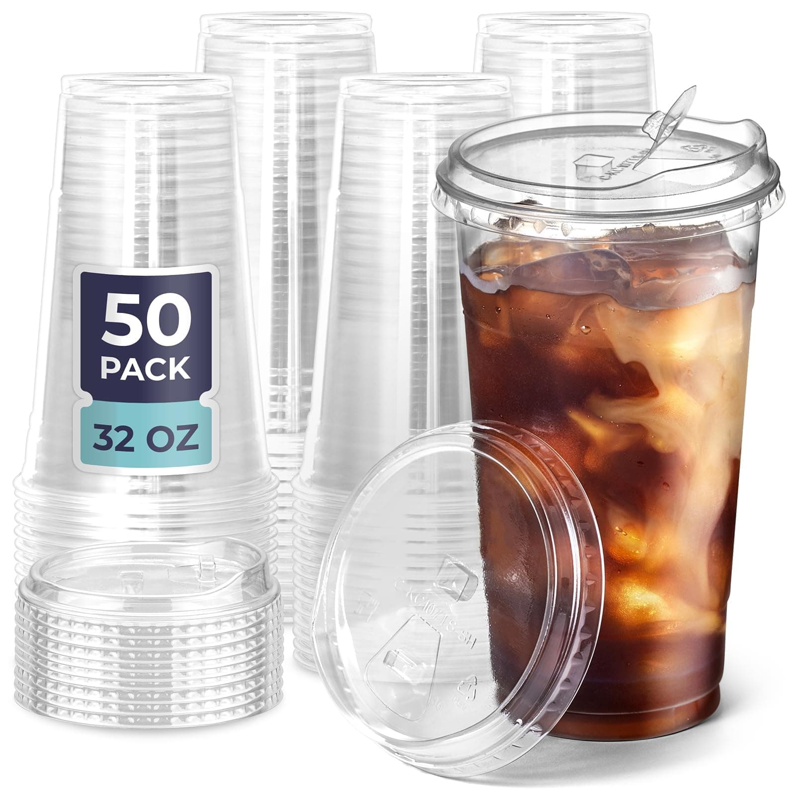 Fit Meal Prep 50 Pack 32 oz Clear Plastic Cups with Strawless Sip Lids, Disposable Plastic Coffee Cups with Lids, To Go Cups for Iced Coffee, Smoothies, Soda, Party Drinks, Bubble Tea, Cold Beverage