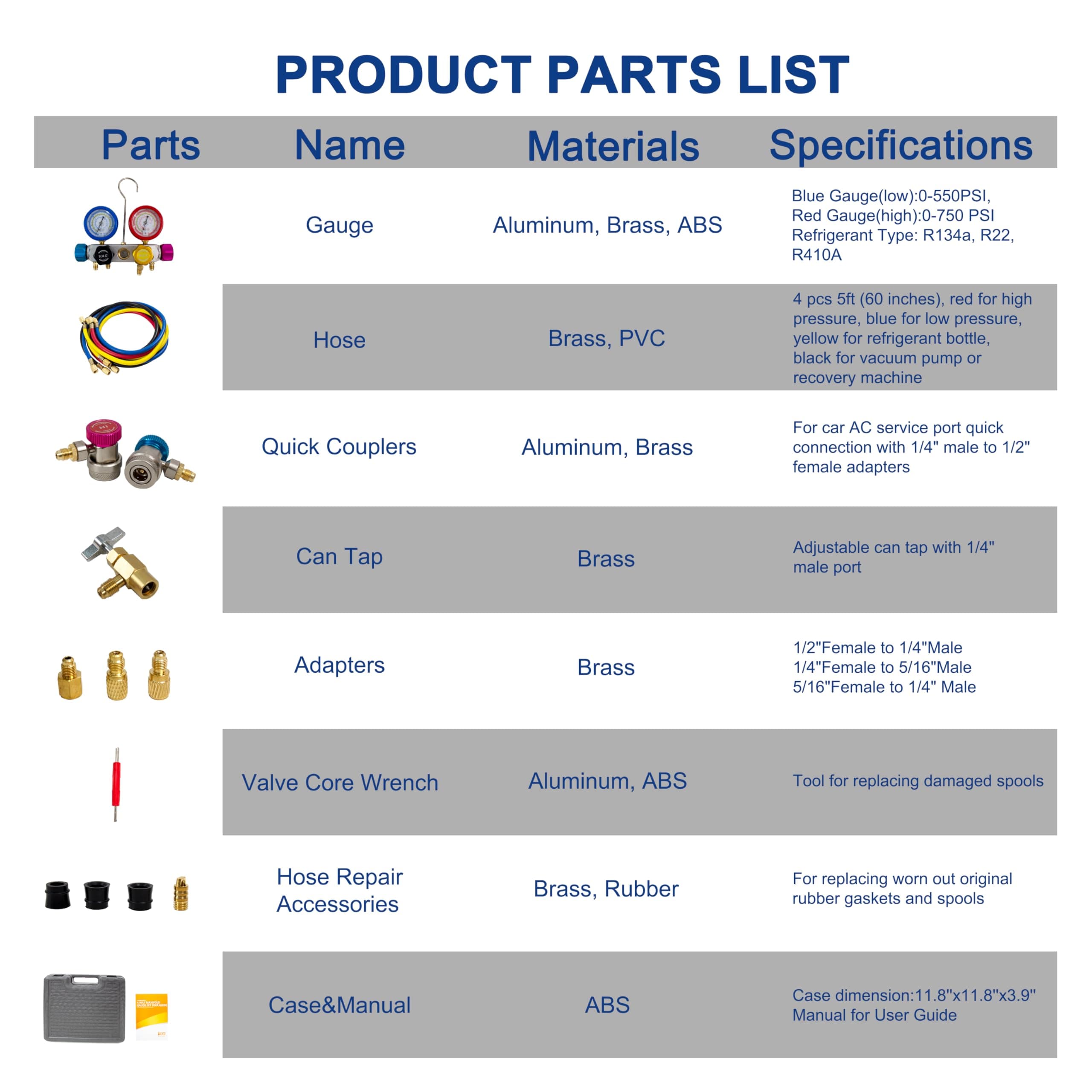 BACOENG Pro 4 Way AC Diagnostic Manifold Gauge Complete Set for R134A R410A R22, with 5FT Hose, 3 Acme Tank Adapters, Adjustable Quick Couplers and Universal Can Tap