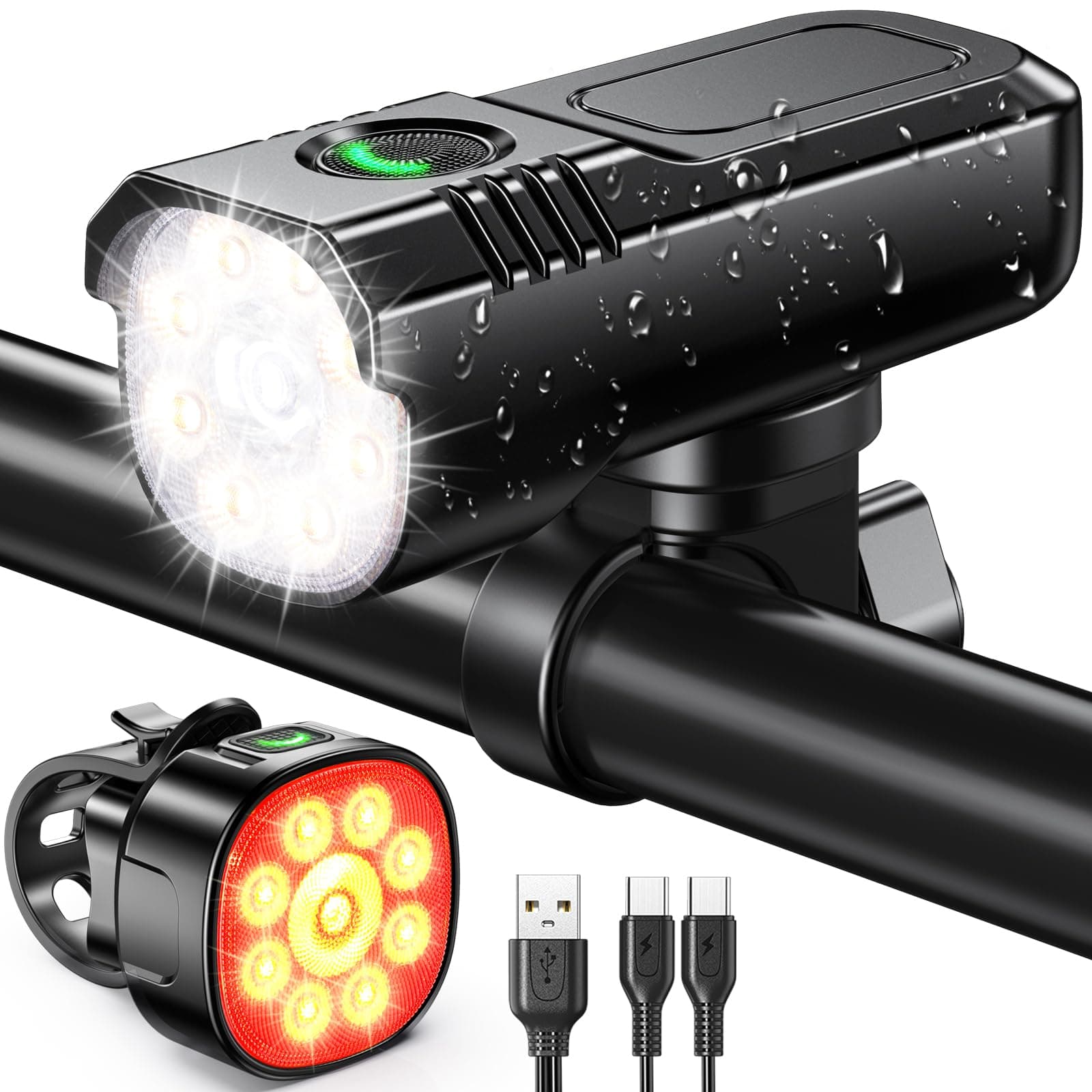 Bike Lights Front and Back, [8+7 Lighting Modes] & [Sturdy Aluminum Alloy] Super Bright LED Bicycle Lights, USB Rechargeable & IP65 Waterproof Bike Light Set for Mountain, Motorbike Lamps